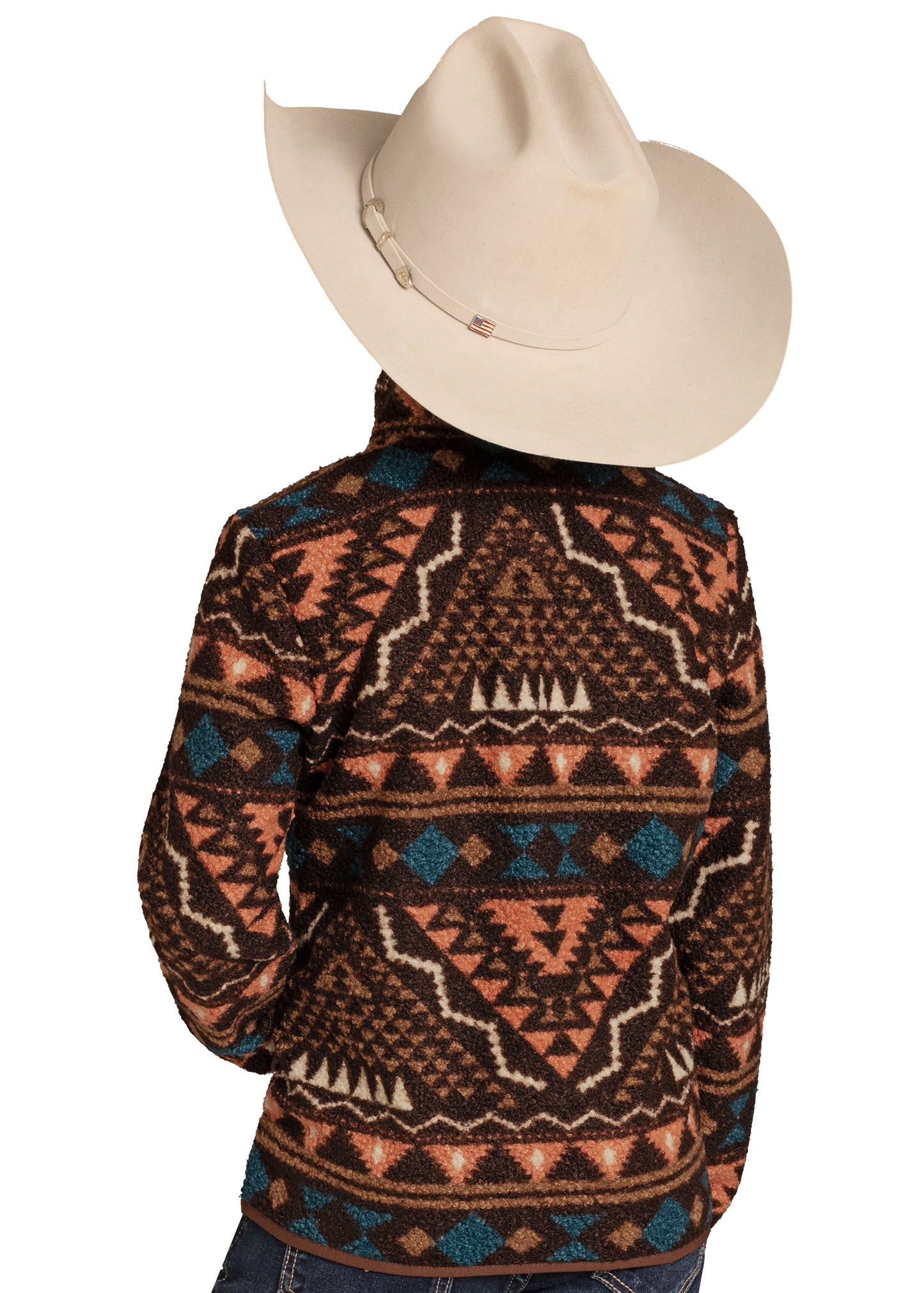 Person wearing a patterned sweater and cowboy hat on a white background