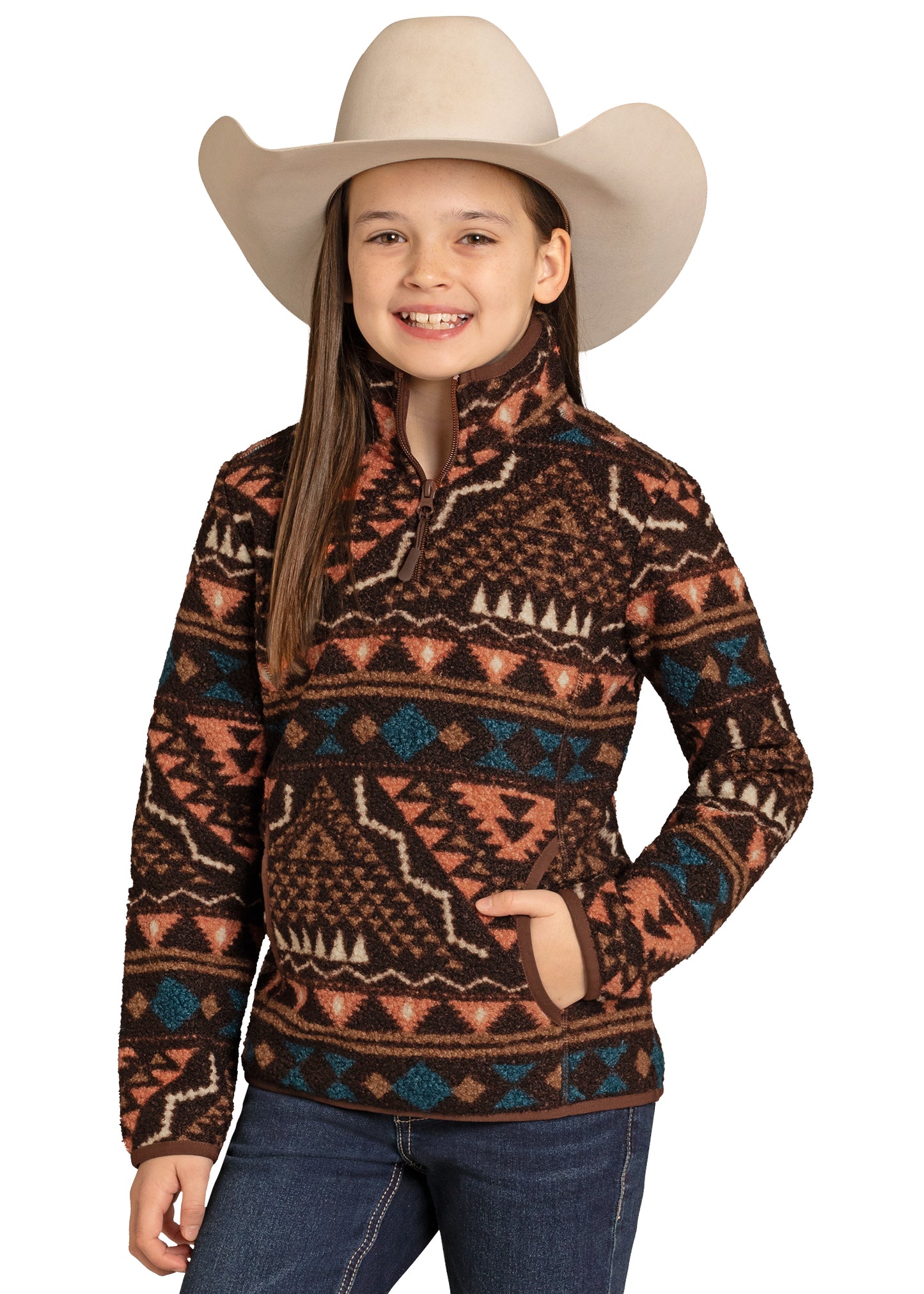 Child wearing a patterned sweater and cowboy hat on a white background