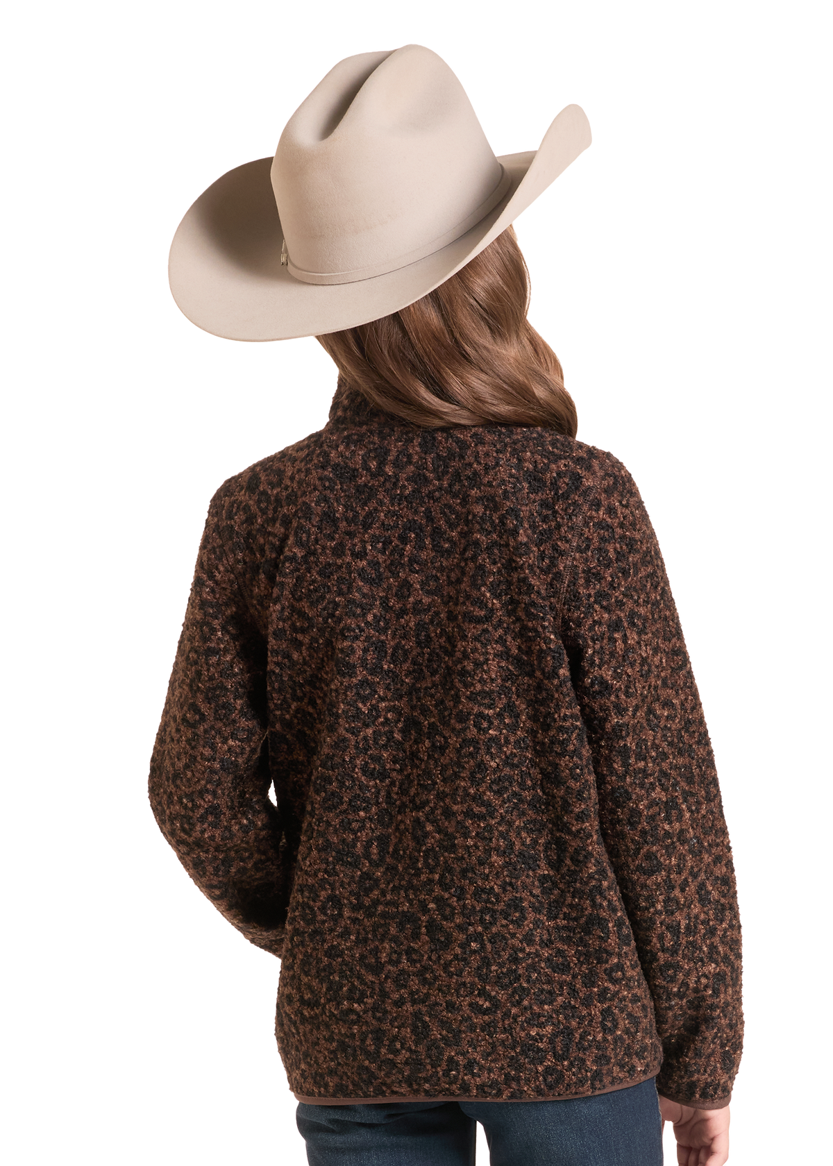 A child model shown from the back wearing a brown and black leopard-print fleece jacket and a beige cowboy hat.