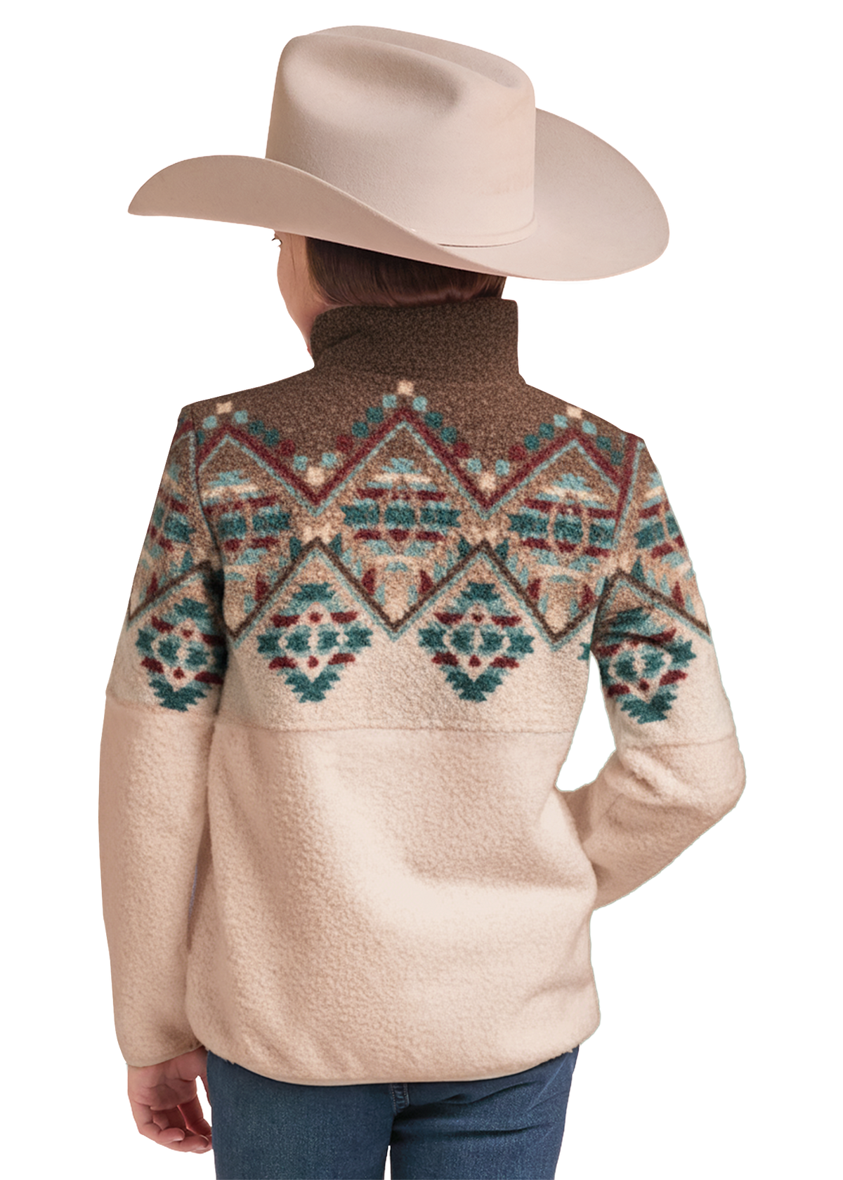 A person shown from the back wearing a cream sherpa fleece turtleneck sweater with a brown and multicolor geometric pattern across the shoulders and upper back, along with a light beige cowboy hat and blue jeans.