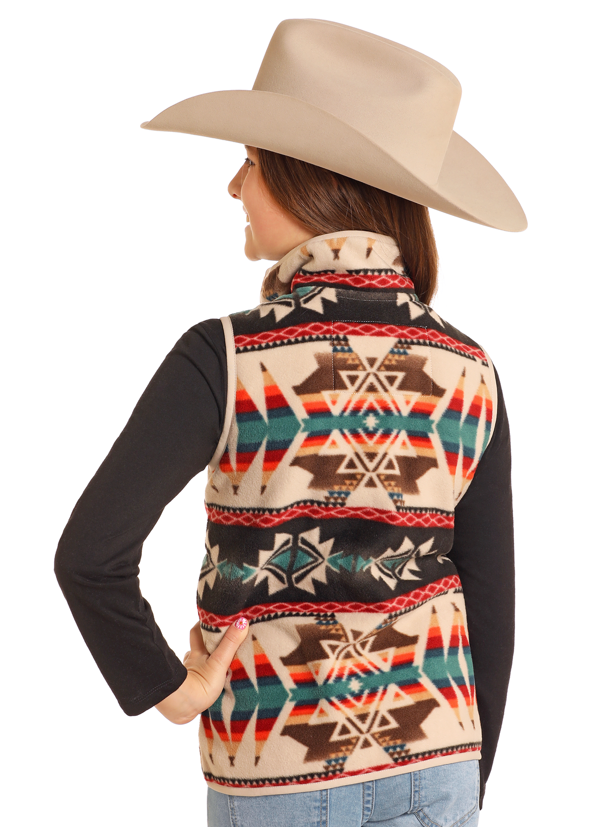 The back of a Girl in an Aztec fleece vest