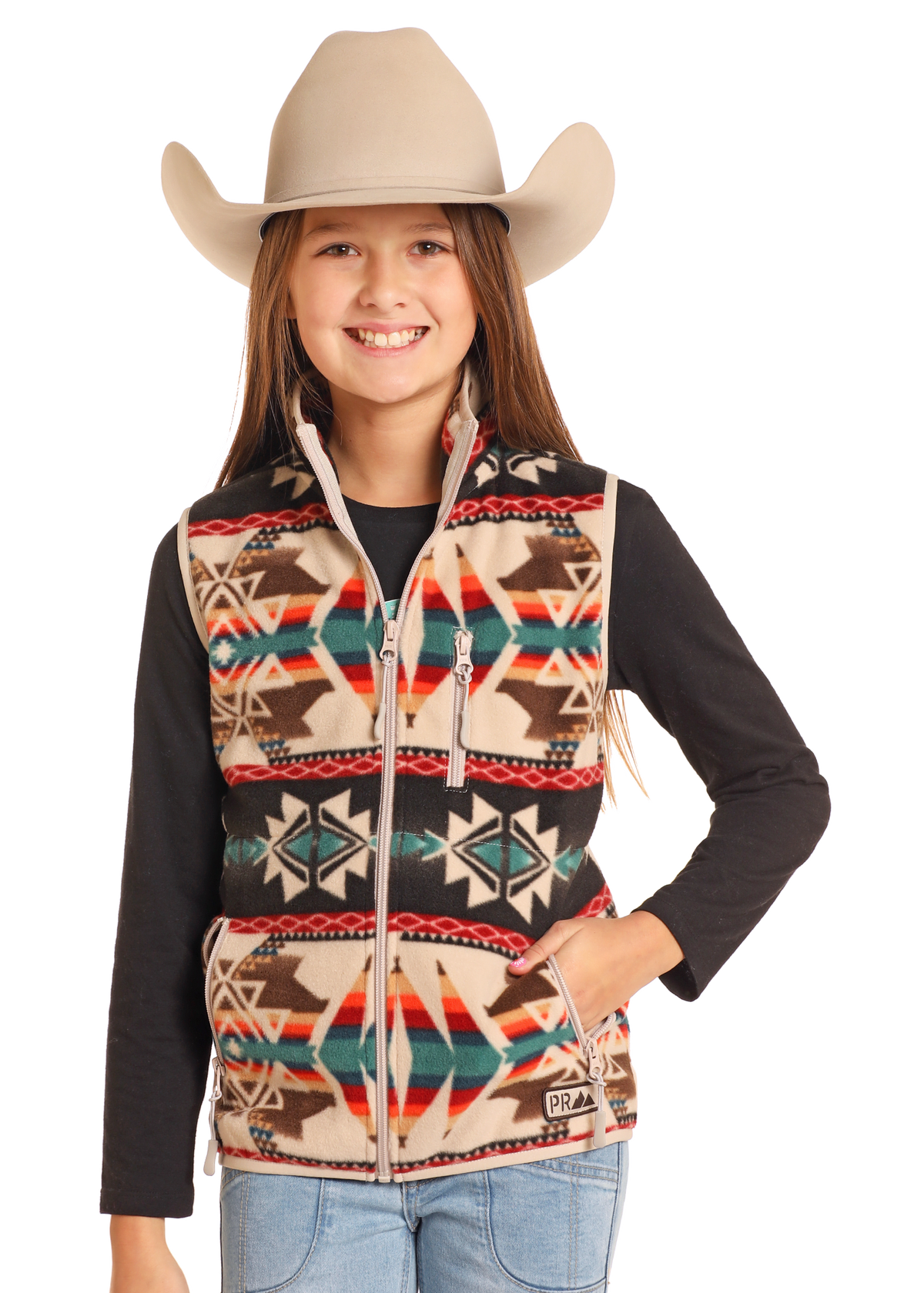Girl in an Aztec zip up vest.