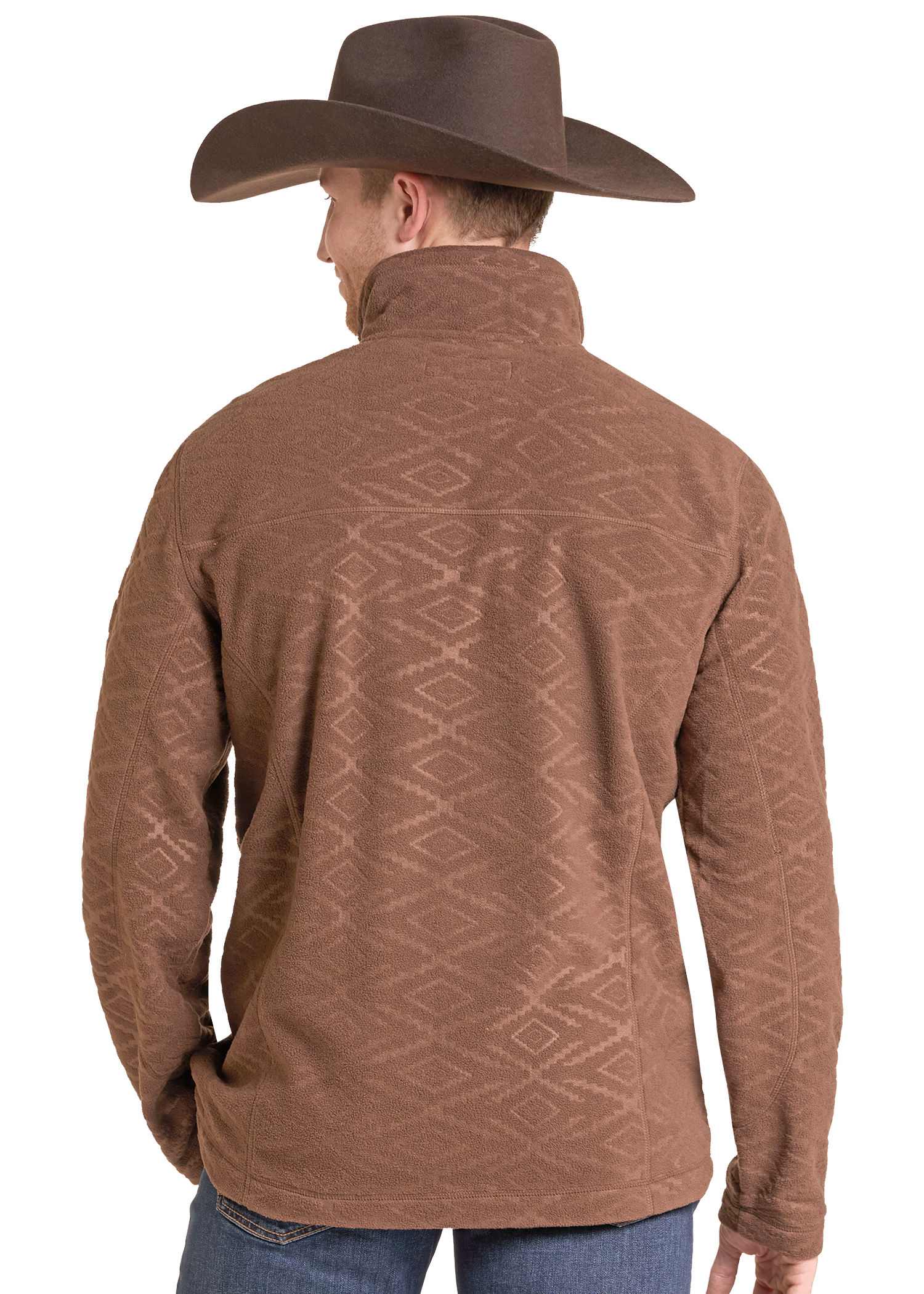 A man shown from the back wearing a brown long-sleeve fleece pullover with a subtle geometric diamond pattern, paired with a brown cowboy hat and blue jeans