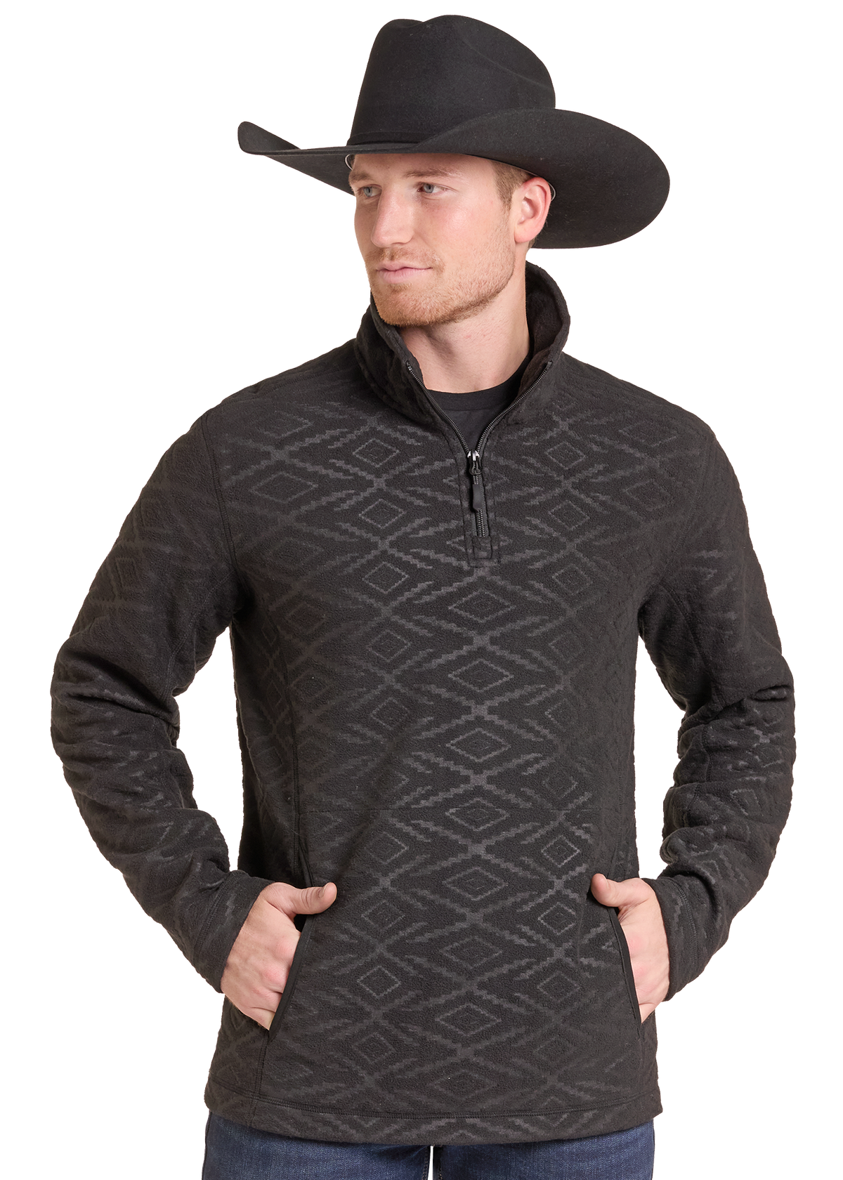 A man wearing a black cowboy hat and a black quarter-zip long-sleeve fleece pullover with a subtle geometric diamond pattern.