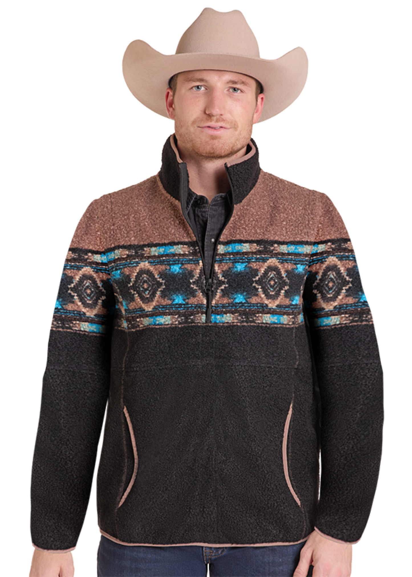A man wearing a brown and black quarter-zip fleece pullover sweater with a colorful geometric pattern across the chest, paired with a beige cowboy hat and blue jeans.