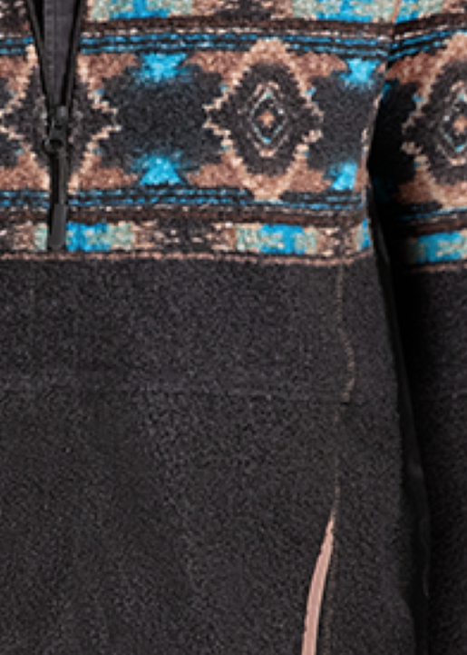 Brown and black quarter-zip fleece pullover sweater with a colorful geometric pattern across the chest.