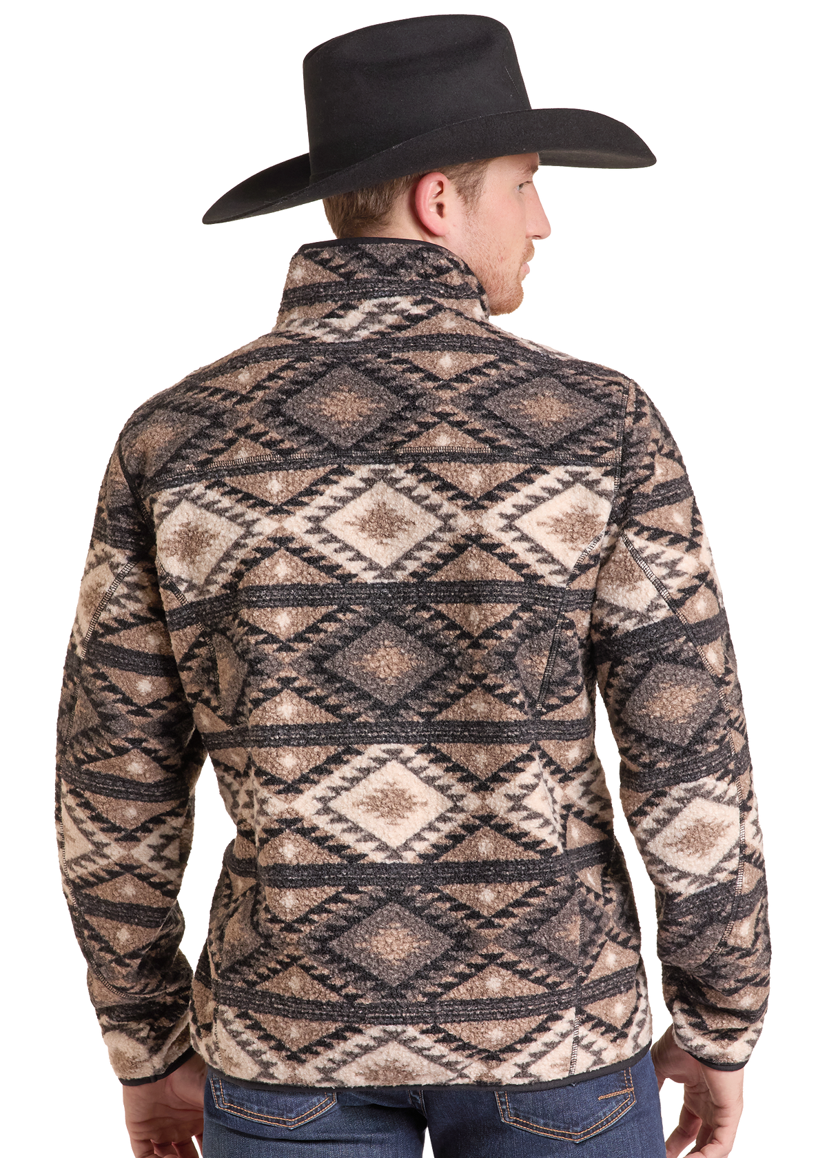 A man wearing a black cowboy hat and a patterned quarter-zip fleece jacket, viewed from the back. The jacket features a Southwestern-style geometric pattern in beige, brown, and black.