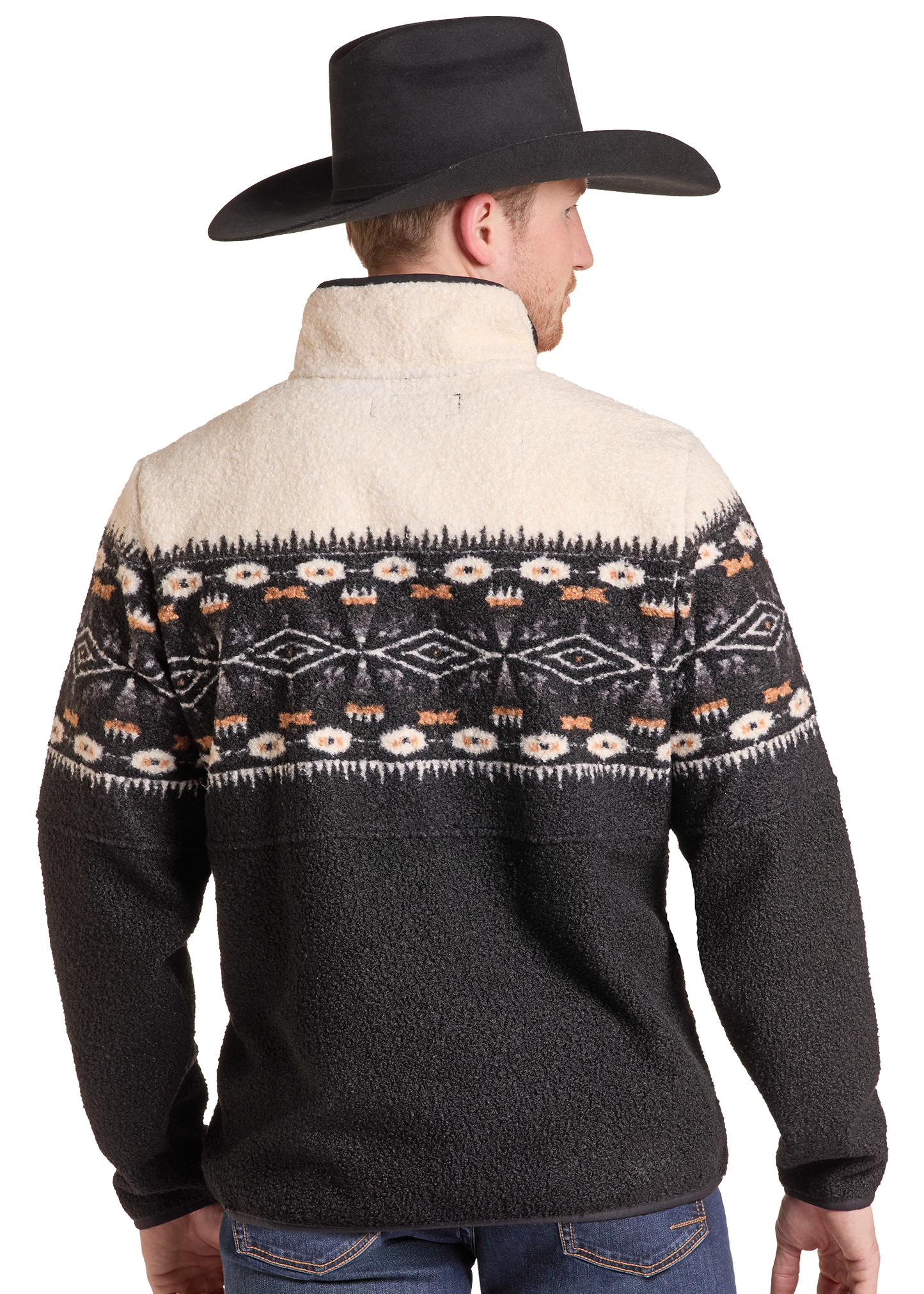 A man shown from the back wearing a dark charcoal fleece quarter-zip pullover sweater with a cream sherpa collar and a multicolor geometric pattern across the shoulders and upper back.