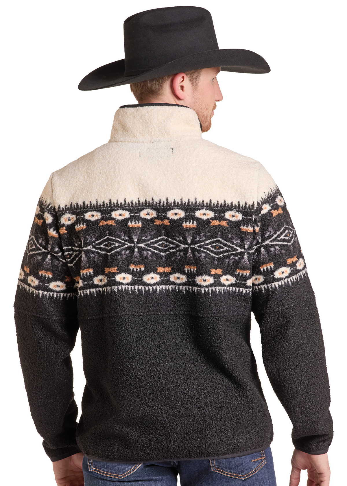 A man shown from the back wearing a dark charcoal fleece quarter-zip pullover sweater with a cream sherpa collar and a multicolor geometric pattern across the shoulders and upper back.