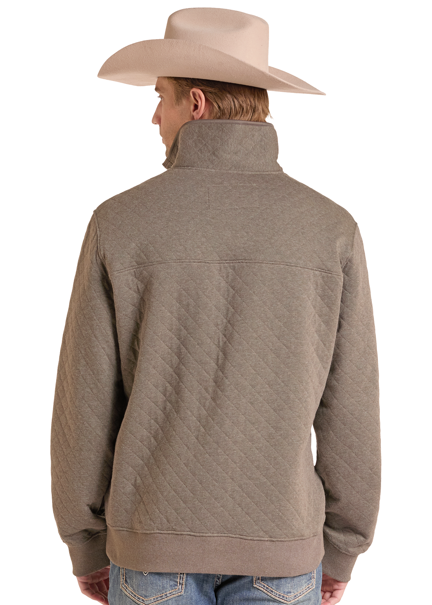 A man shown from the back wearing a taupe quilted quarter-zip pullover sweater and a light beige cowboy hat, paired with blue jeans.