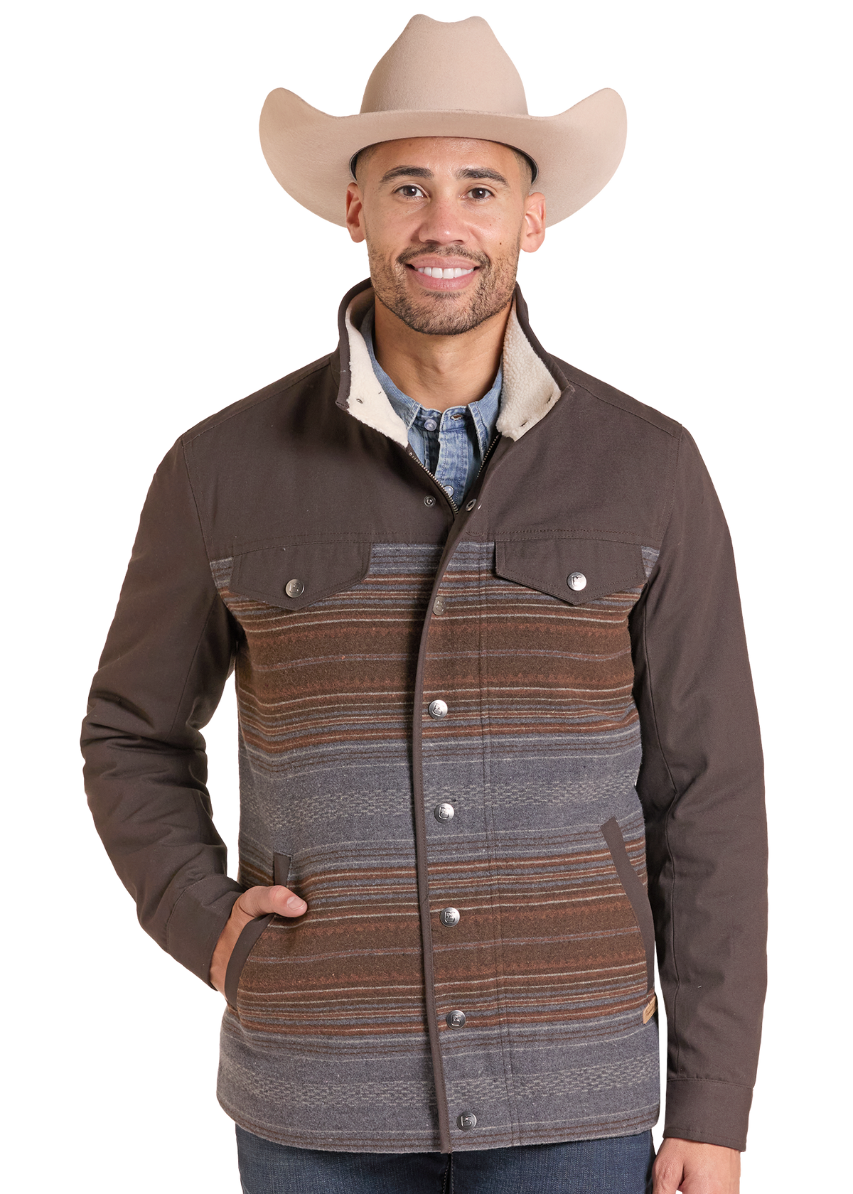 A man wearing a brown and patterned western-style jacket with a beige cowboy hat.