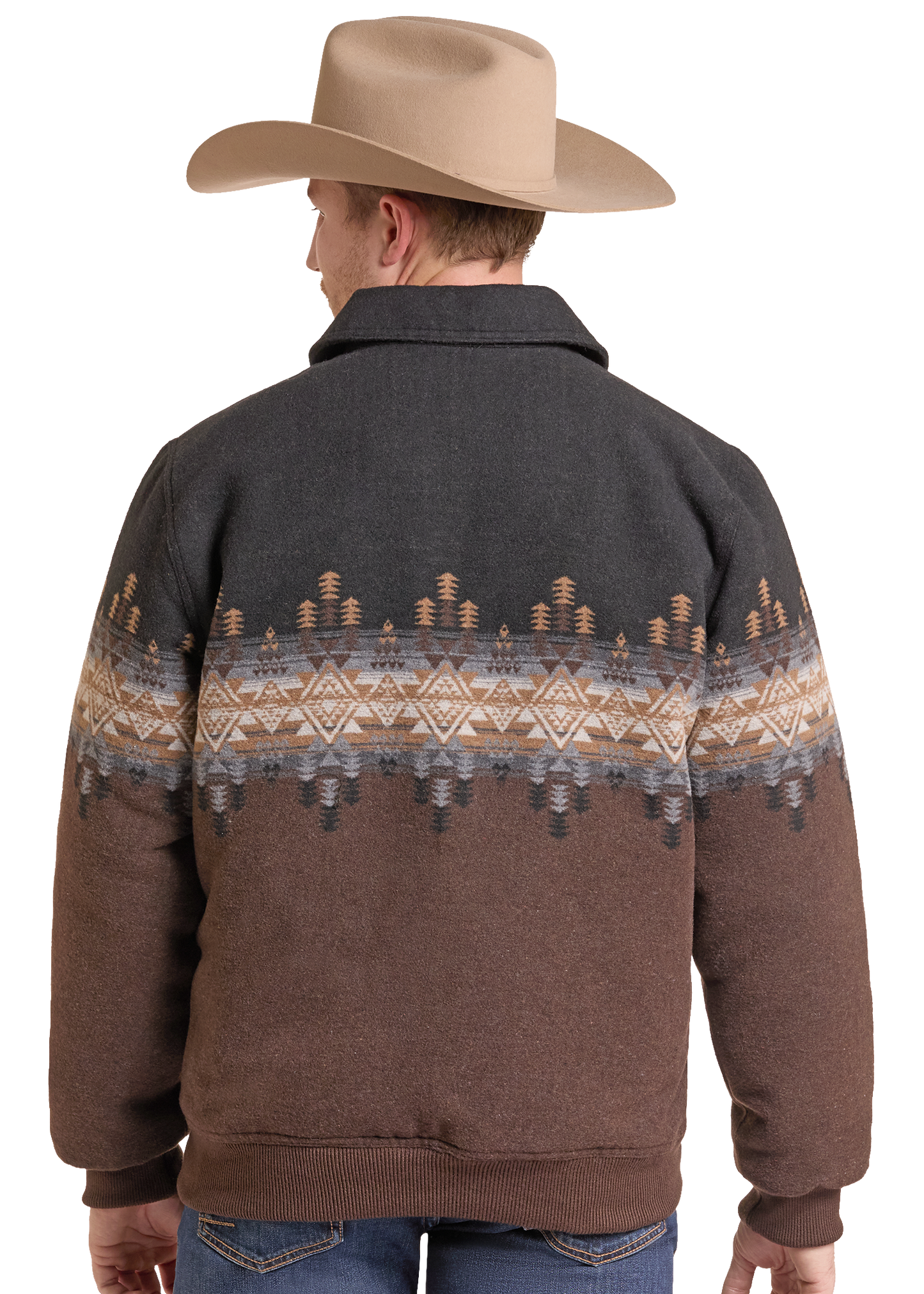 A man viewed from the back wearing a brown and dark gray patterned fleece jacket and a tan cowboy hat.