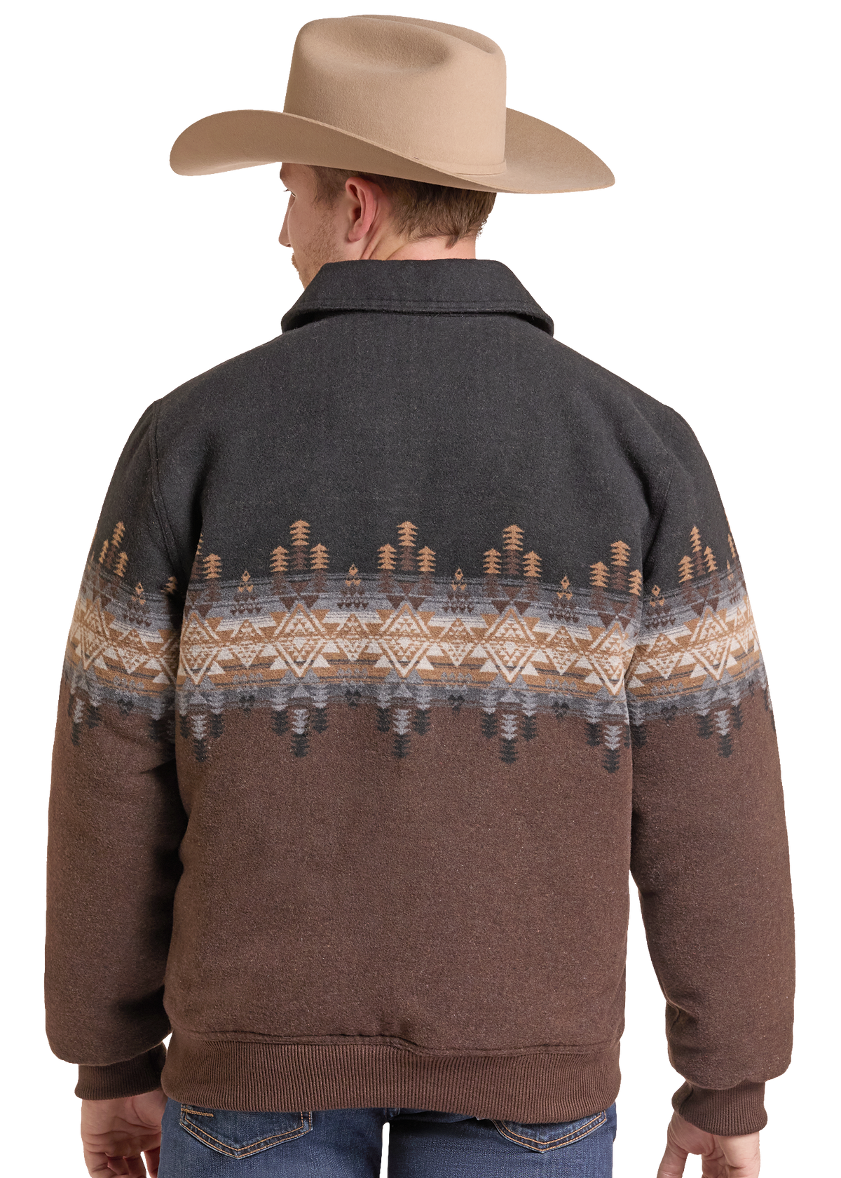 A man viewed from the back wearing a brown and dark gray patterned fleece jacket and a tan cowboy hat.