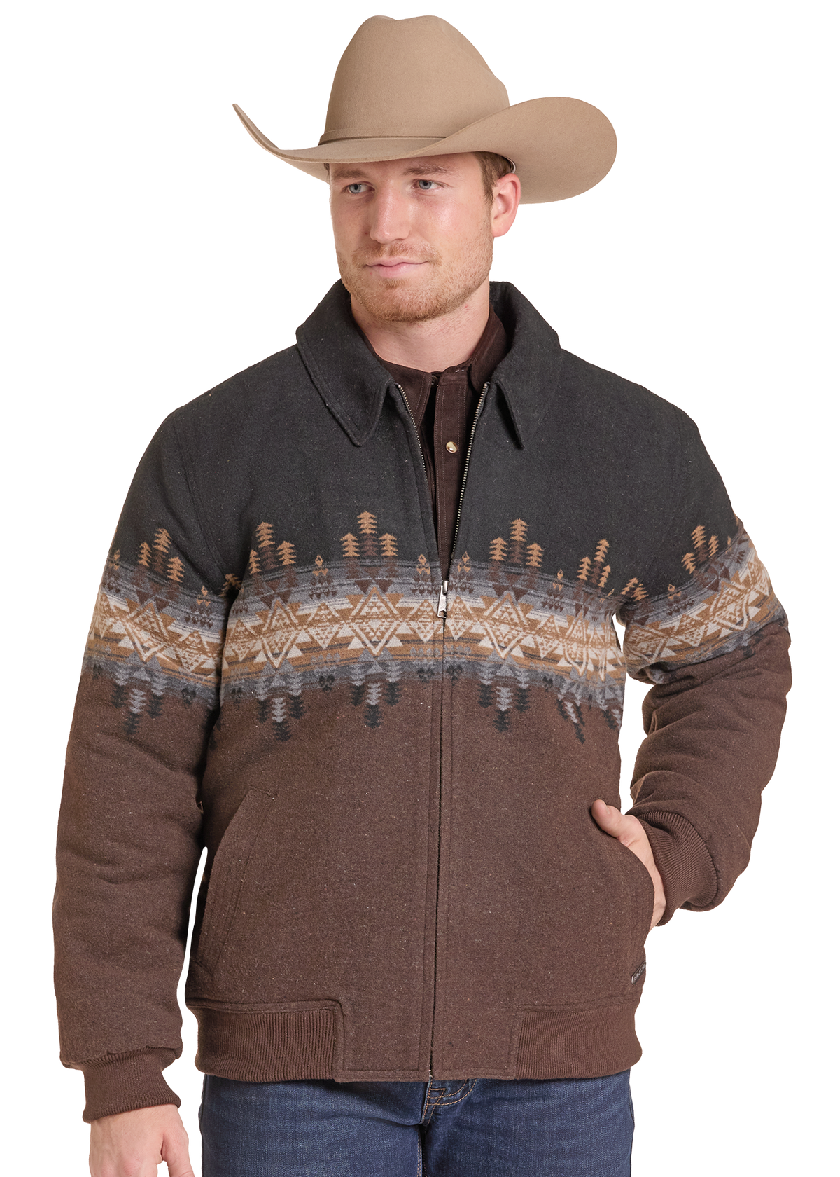 A man wearing a brown and dark gray zip-up sherpa jacket with a Southwestern geometric pattern across the chest and sleeves.