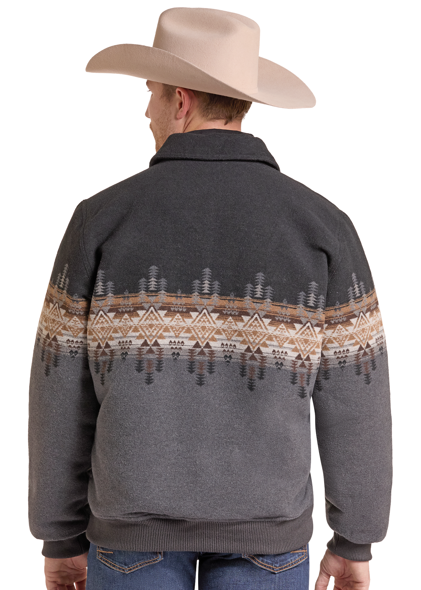 A man viewed from the back wearing a dark gray fleece jacket with a brown and beige geometric pattern across the shoulders and upper back.