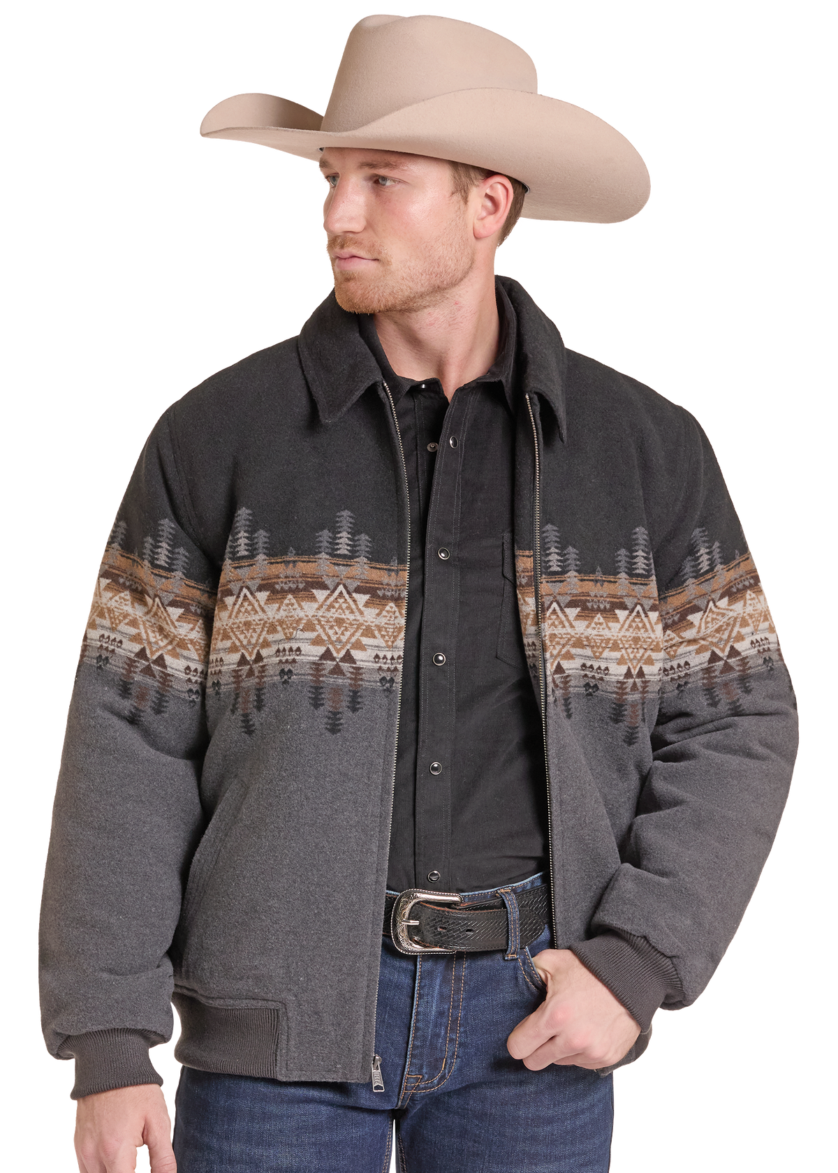 A man wearing a dark gray patterned sherpa fleece jacket, a black button-down shirt, blue jeans, and a beige cowboy hat.