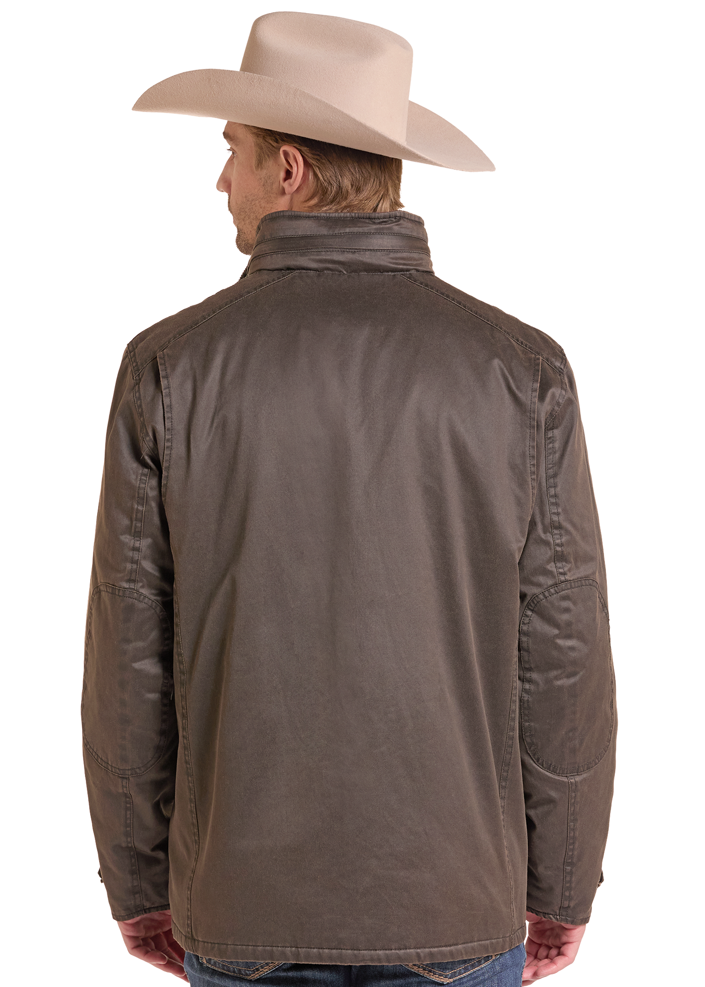 A man shown from the back wearing a brown leather jacket and a light beige cowboy hat.