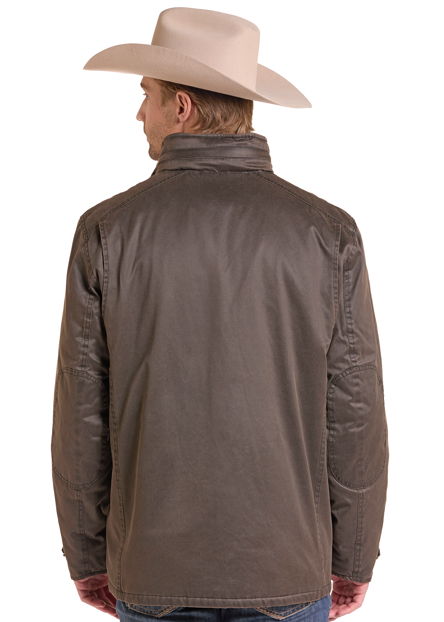 A man shown from the back wearing a brown leather jacket and a light beige cowboy hat.