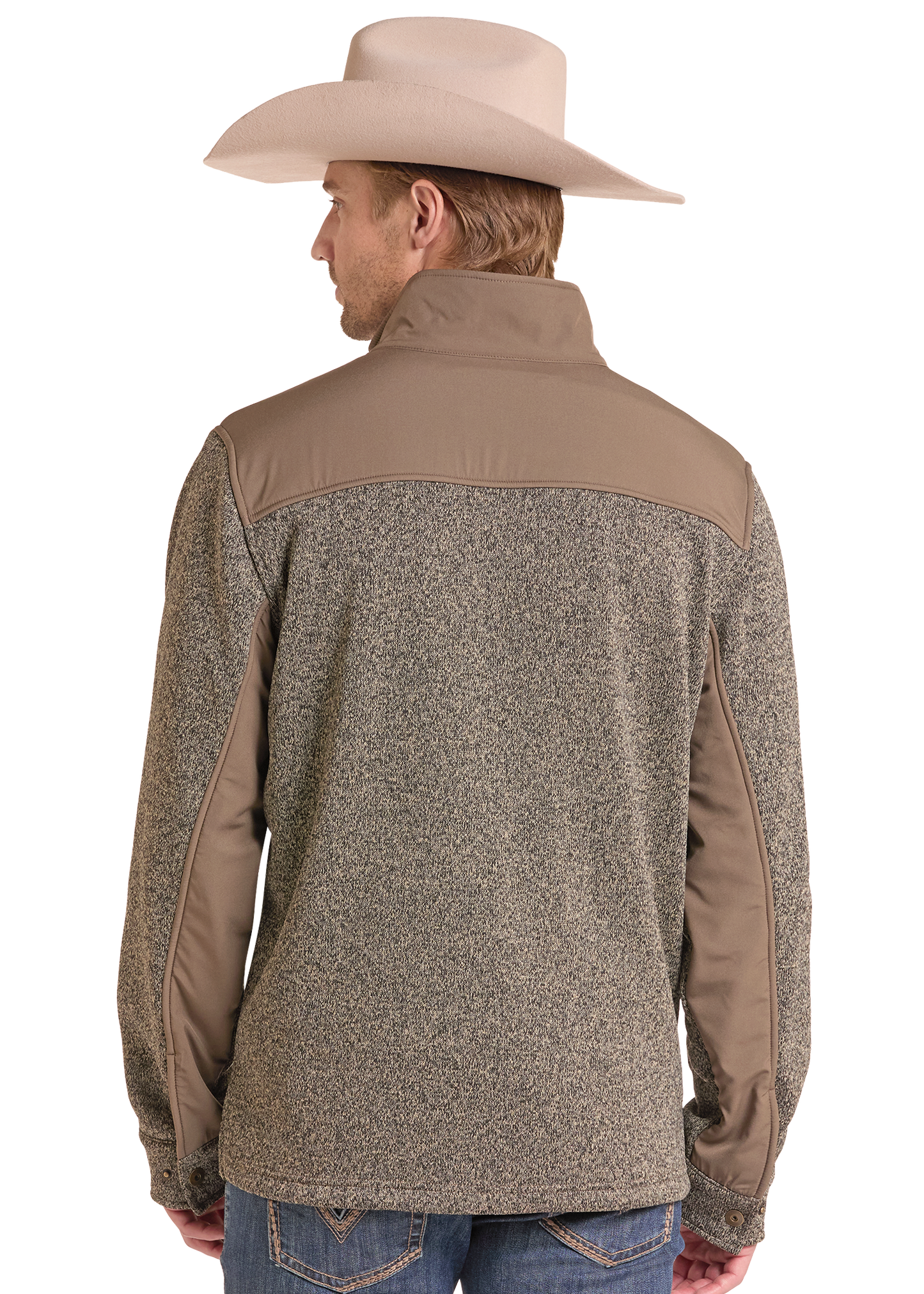 A man wearing a tan cowboy hat and a brown and beige heathered fleece pullover jacket, shown from the back.