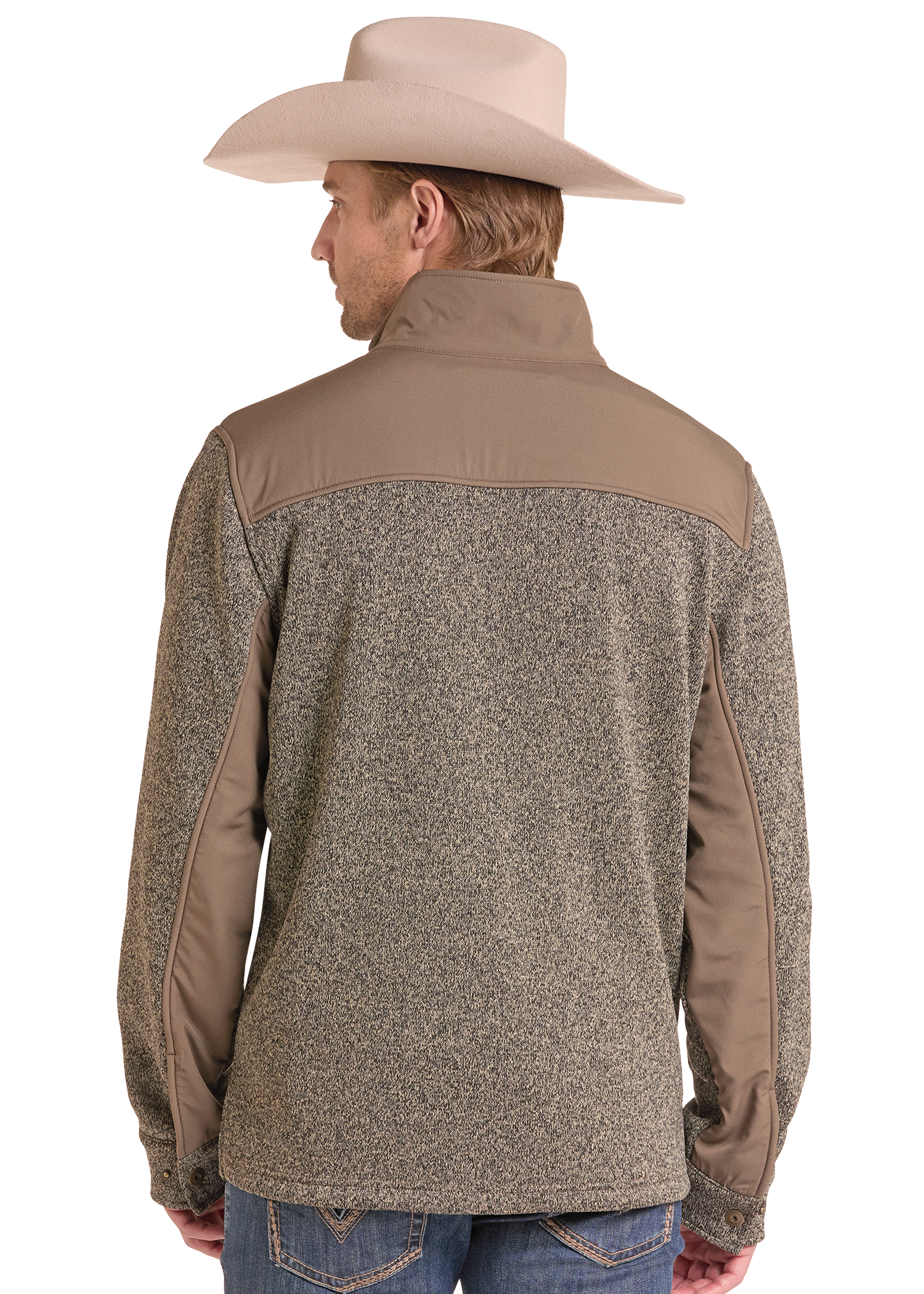 A man wearing a tan cowboy hat and a brown and beige heathered fleece pullover jacket, shown from the back.