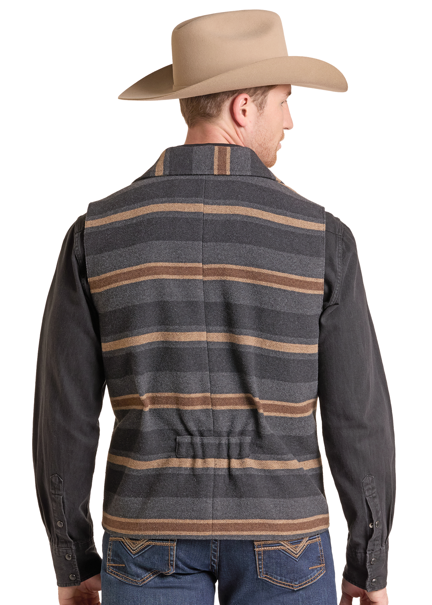 A man shown from the back wearing a dark gray striped western-style jacket with tan and brown horizontal stripes, a beige cowboy hat, and blue jeans.
