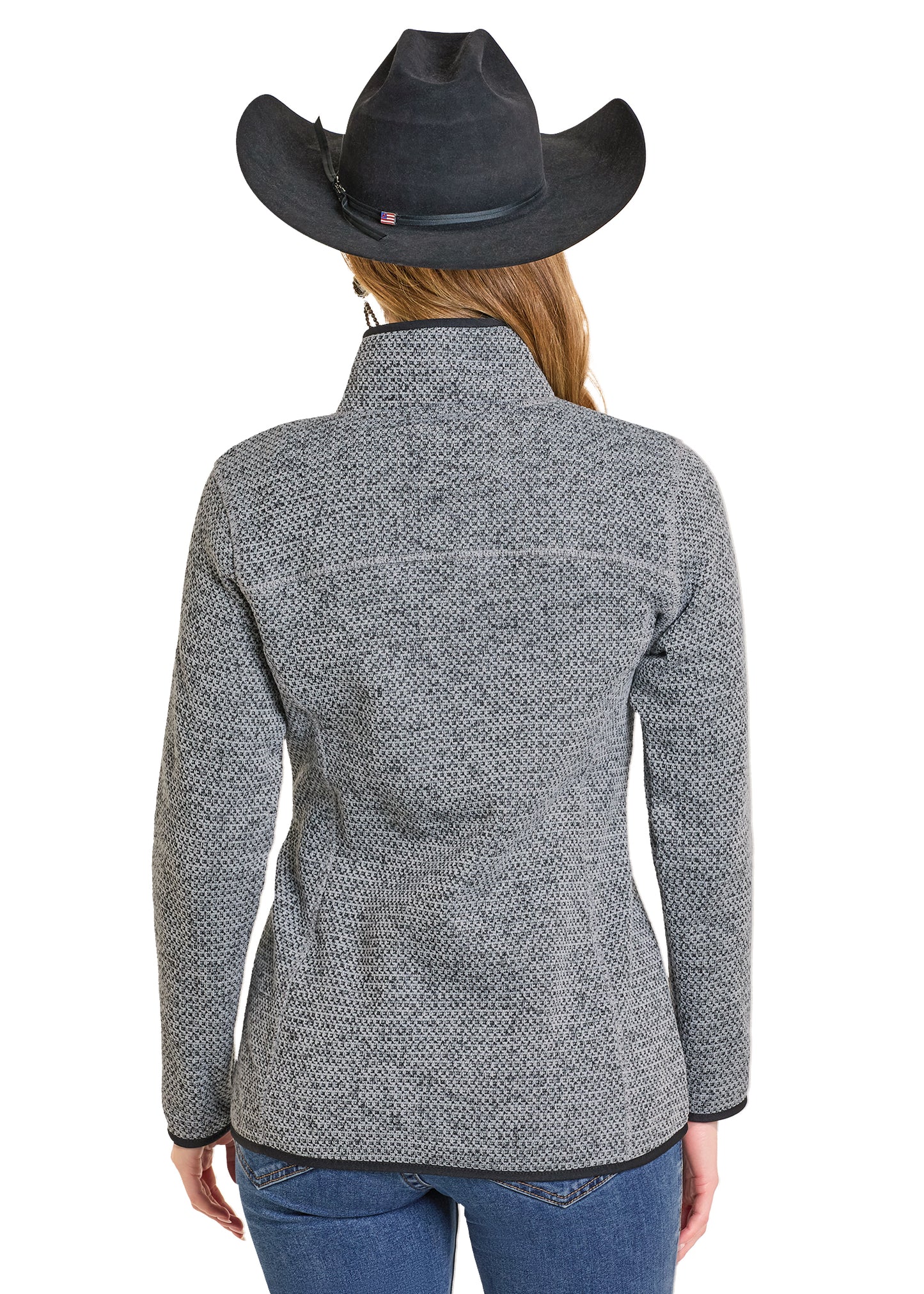 Person wearing a gray patterned jacket and black cowboy hat on a white background