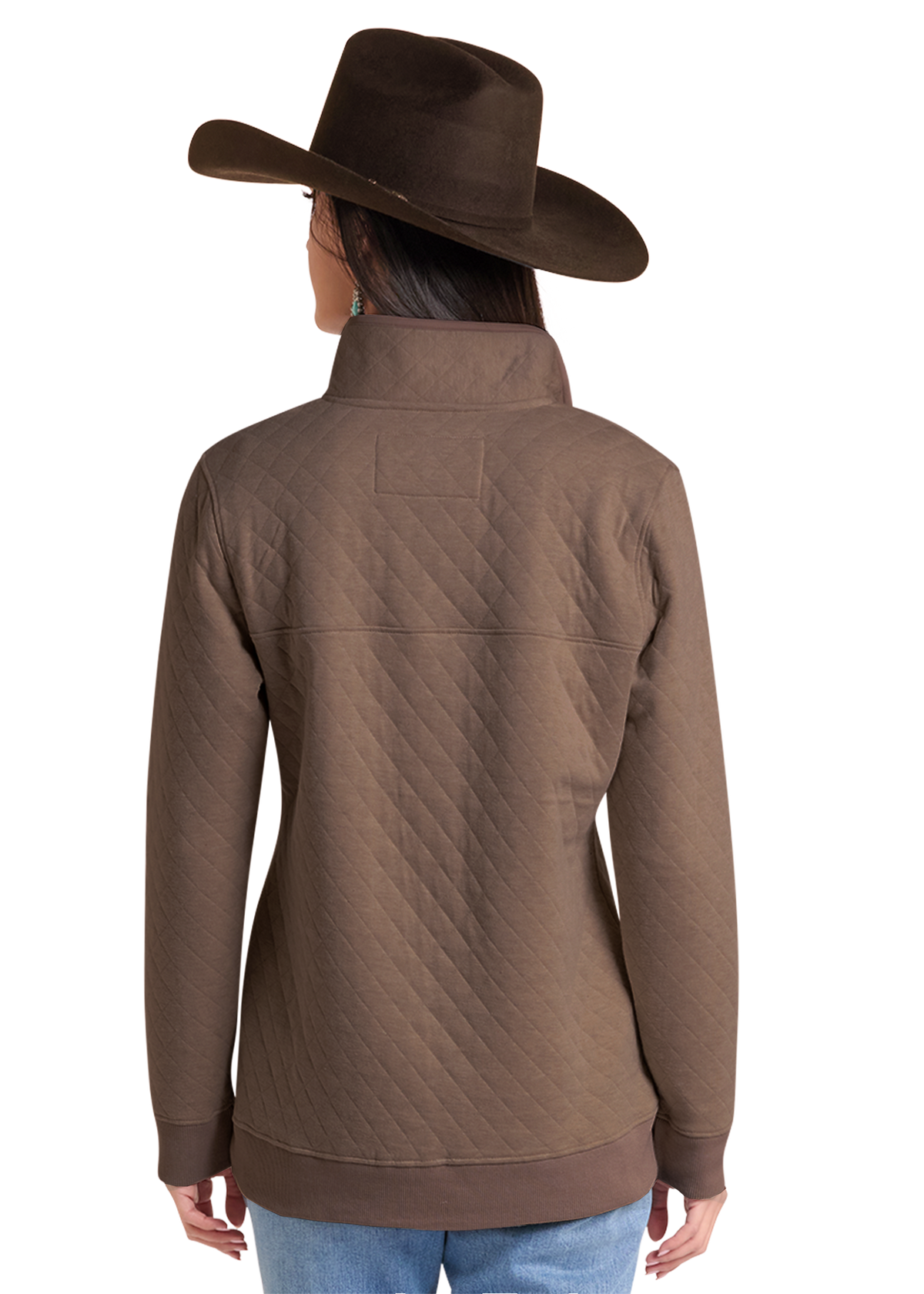A woman shown from the back wearing a brown quilted jacket and a matching brown cowboy hat, paired with blue jeans.