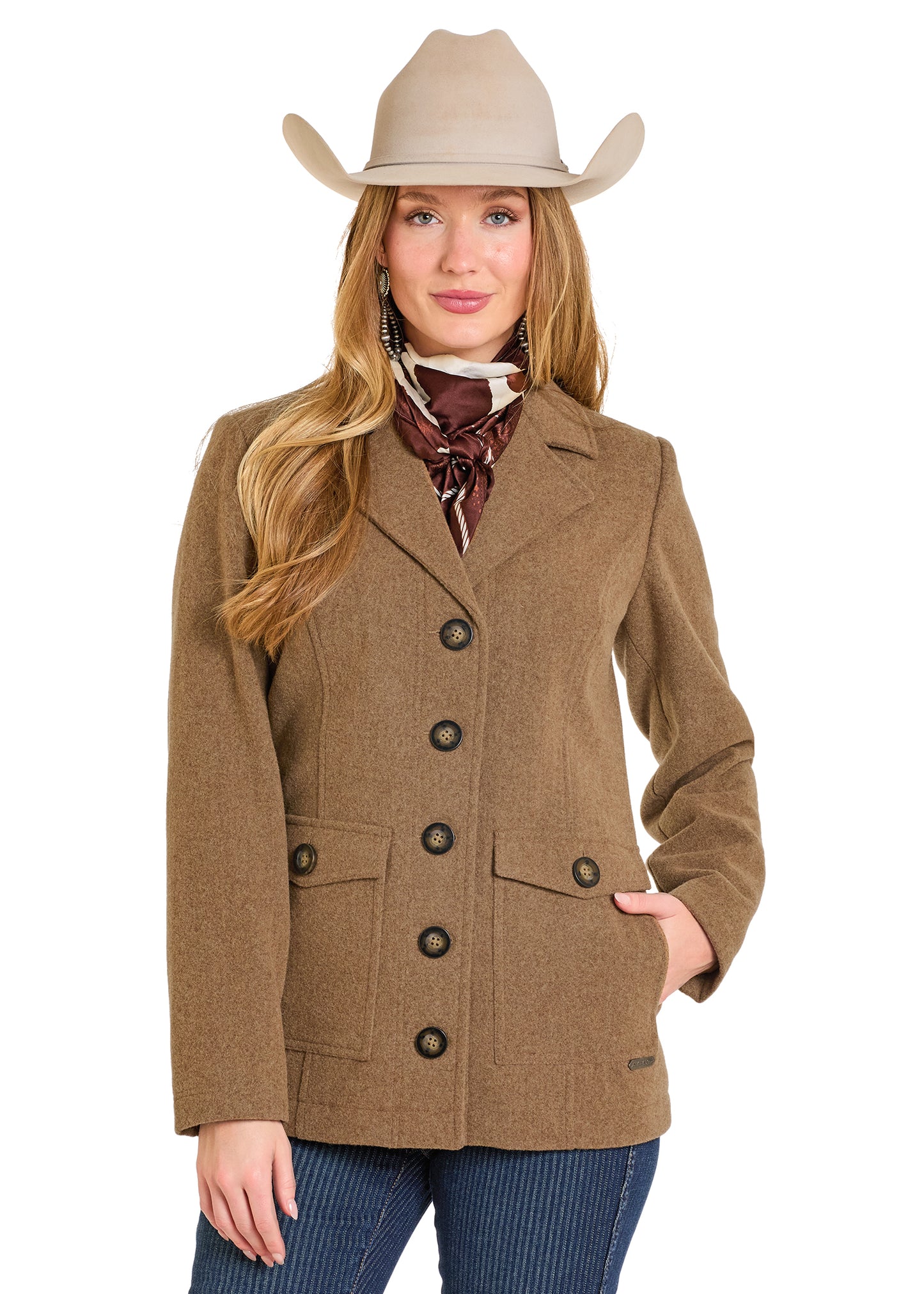 Woman wearing a brown jacket and beige cowboy hat on a white background