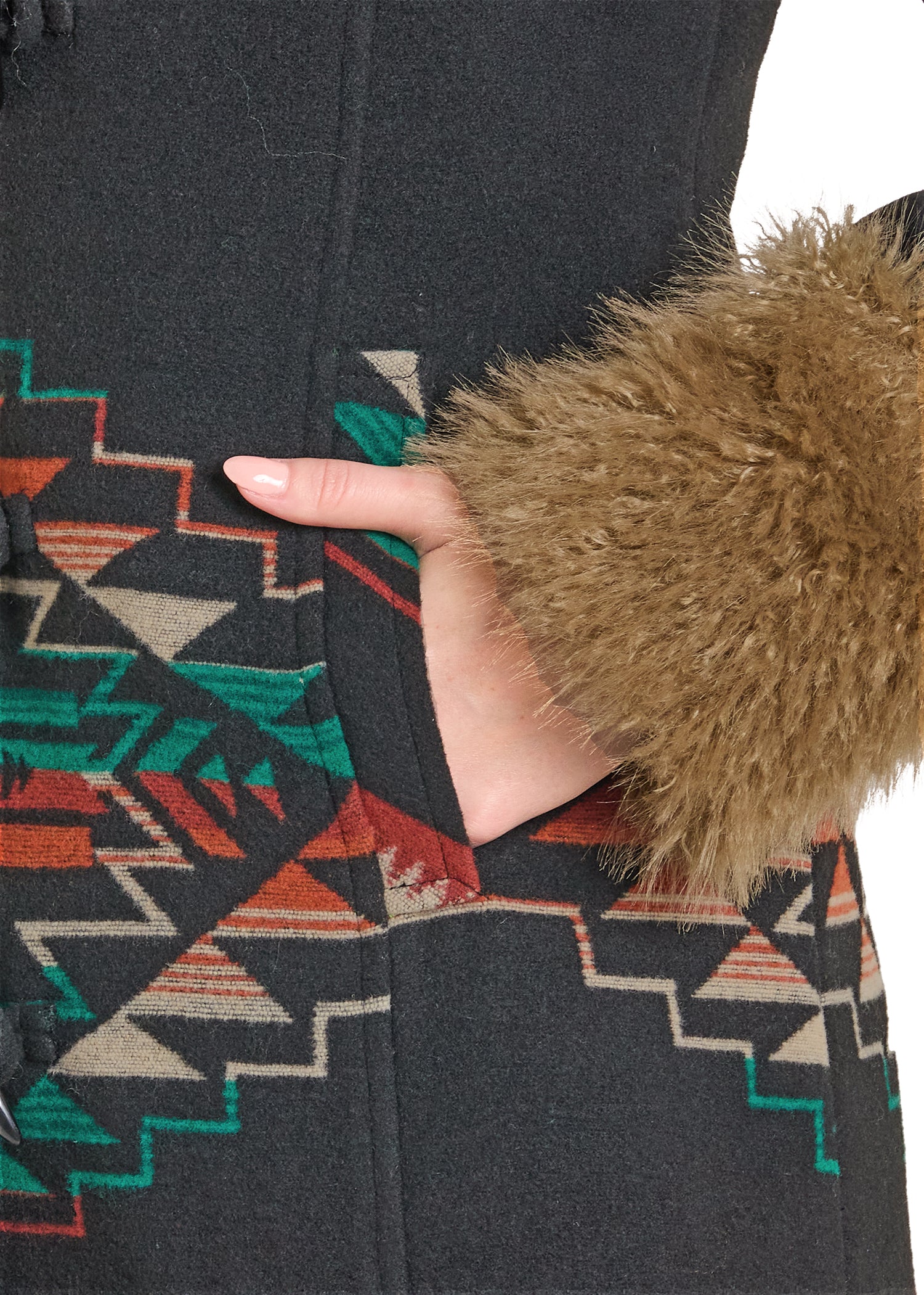 Close-up of a coat with geometric pattern and fur trim