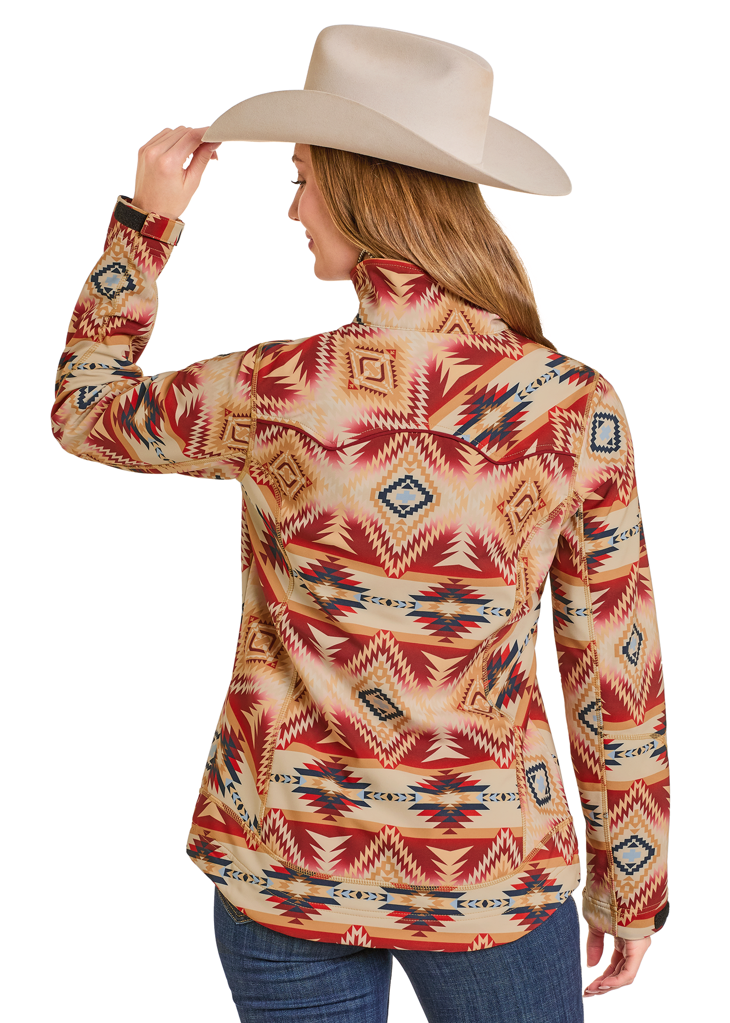 Woman wearing a patterned long-sleeve shirt and cowboy hat on a white background