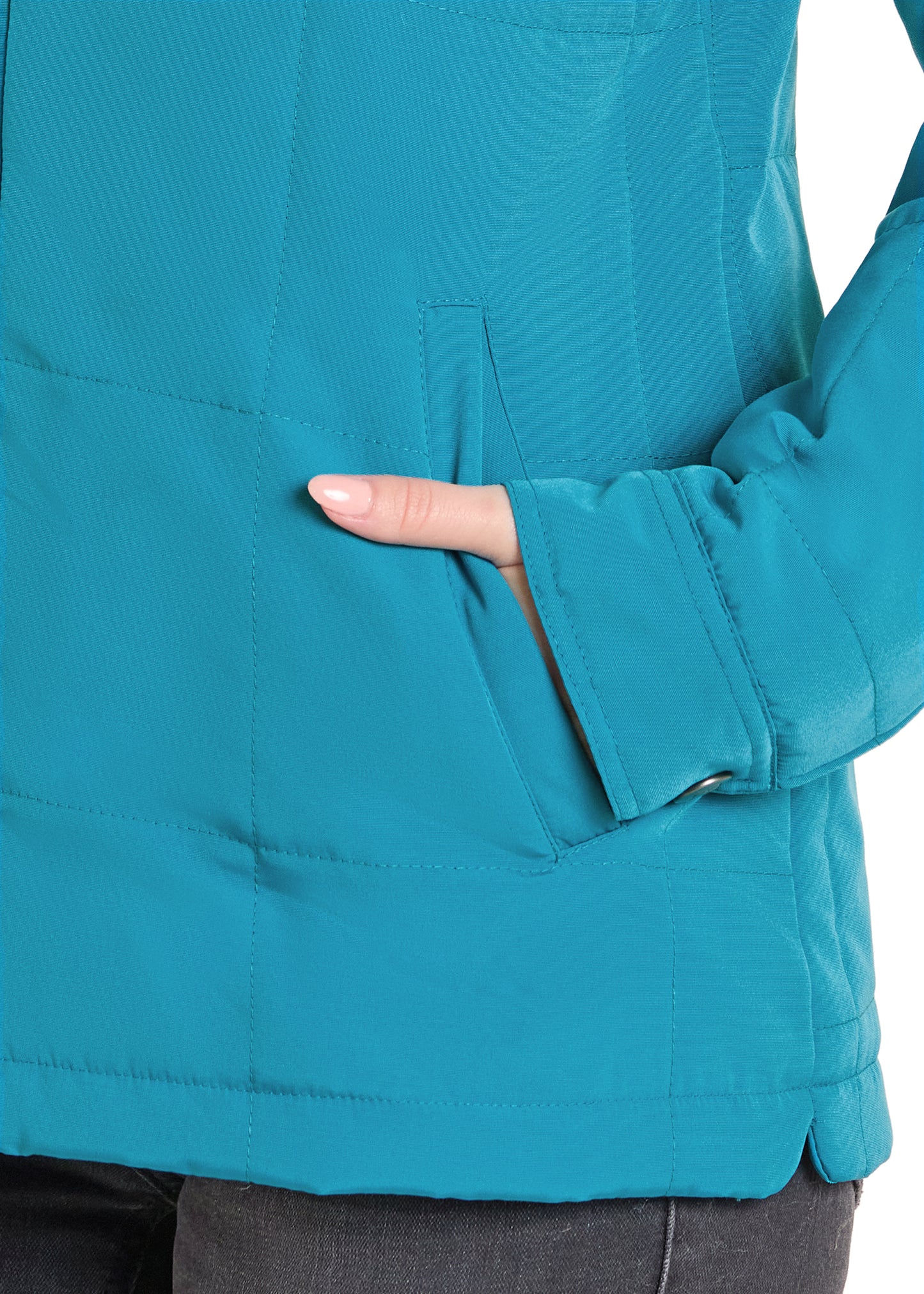 Teal jacket with a pocket on a white background