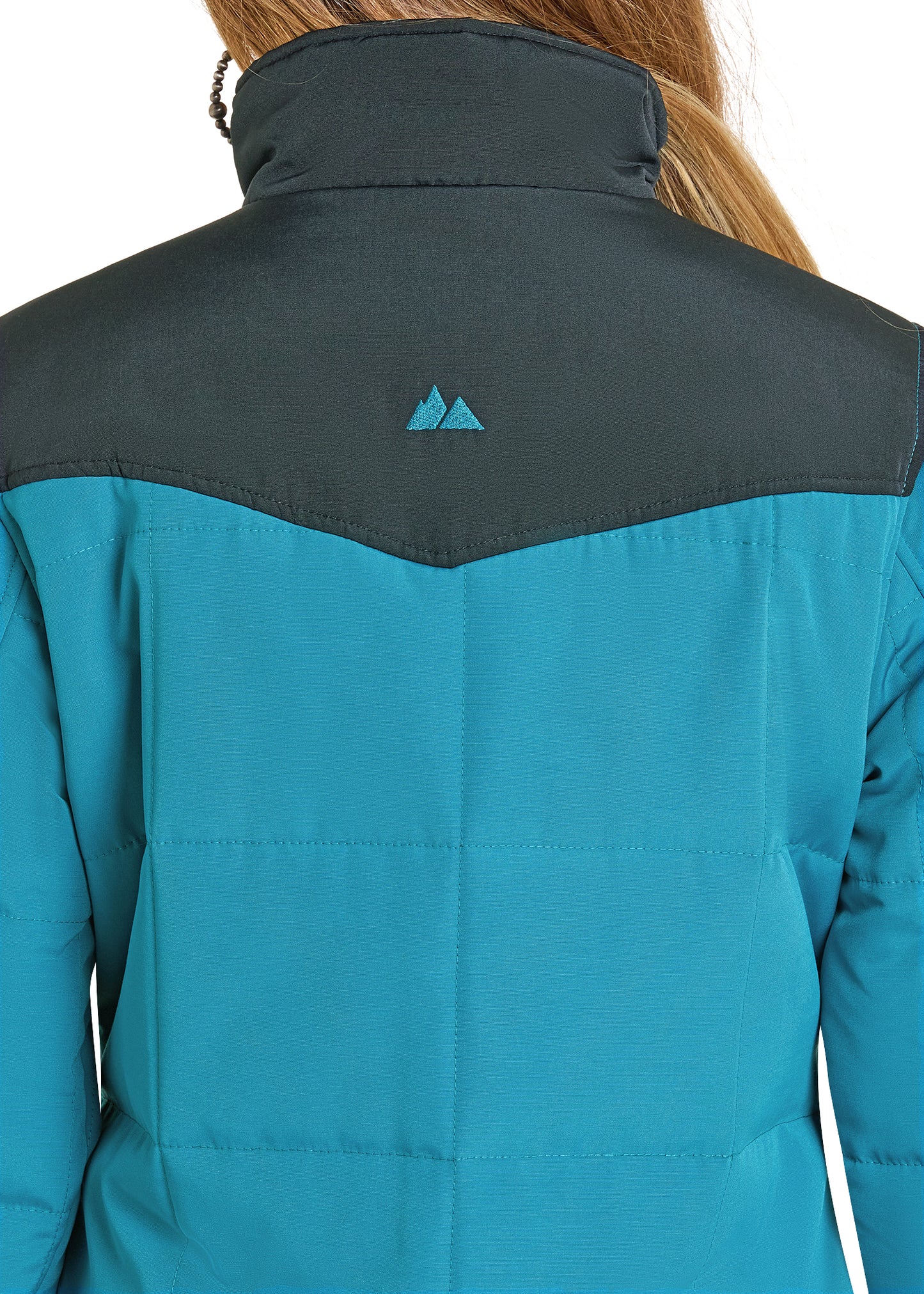 Teal and black jacket with a logo on the back