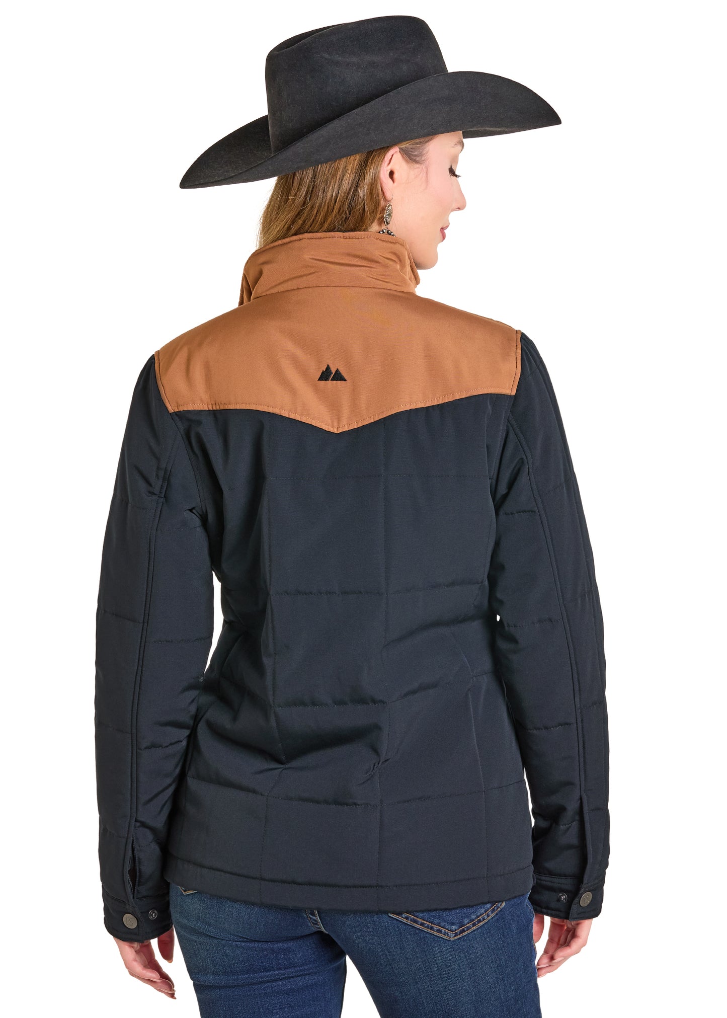 Person wearing a black and brown jacket with a cowboy hat on a white background
