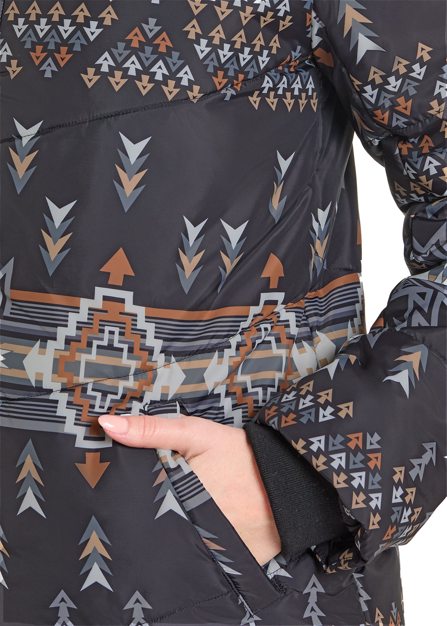 Close-up of a jacket with geometric pattern on a white background