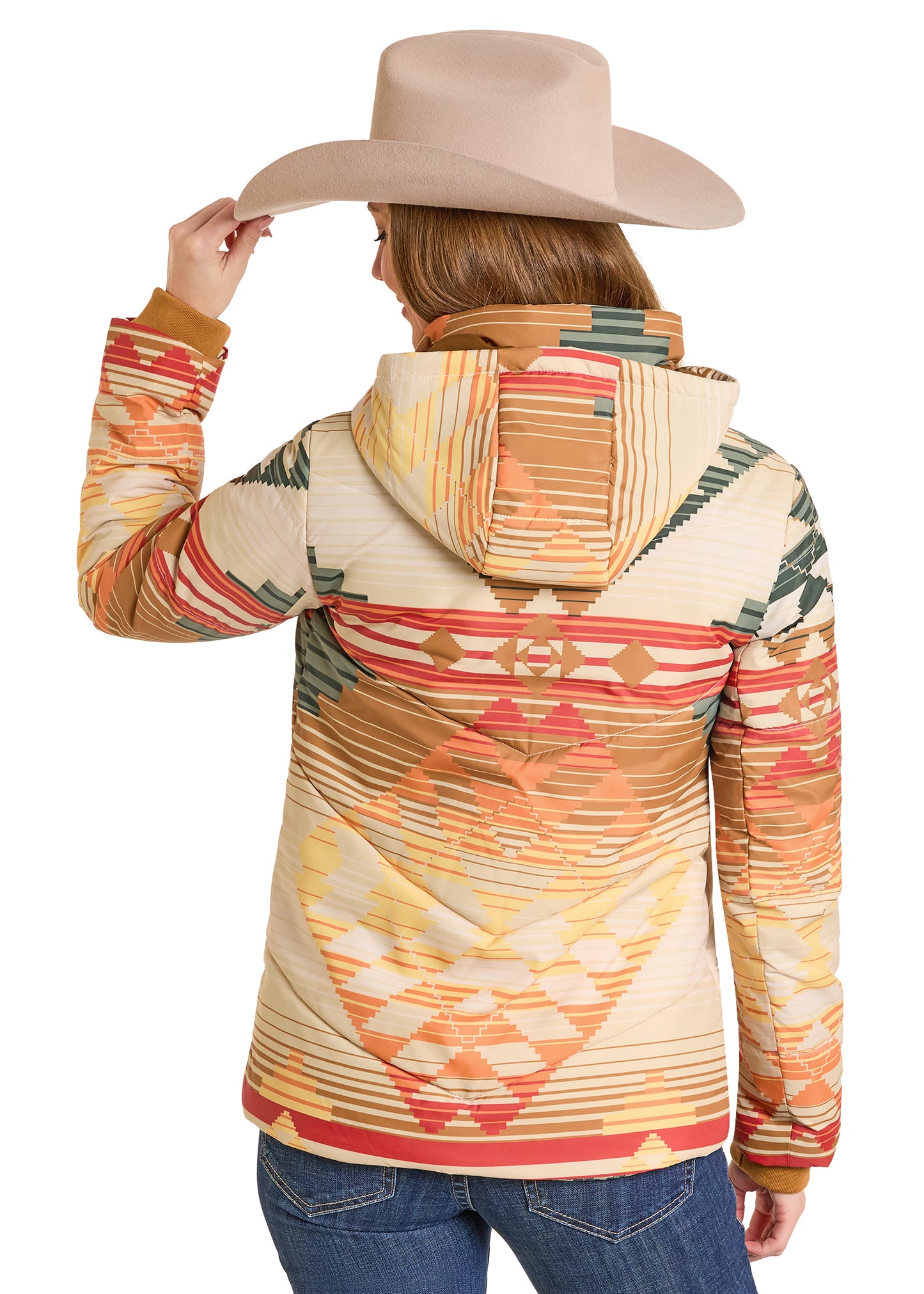 Person wearing a colorful patterned hoodie with a cowboy hat on a white background