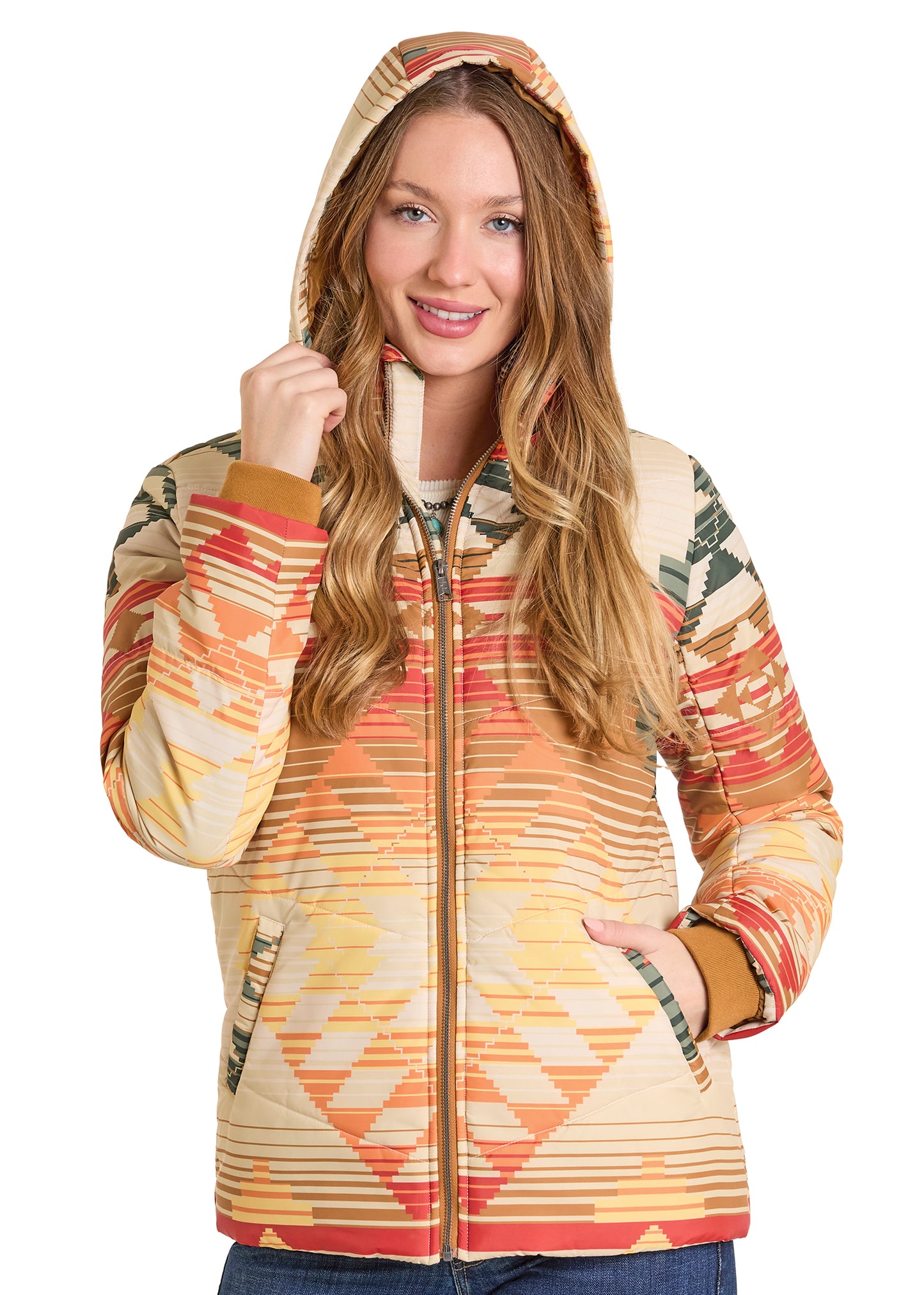 Woman wearing a patterned jacket on a white background