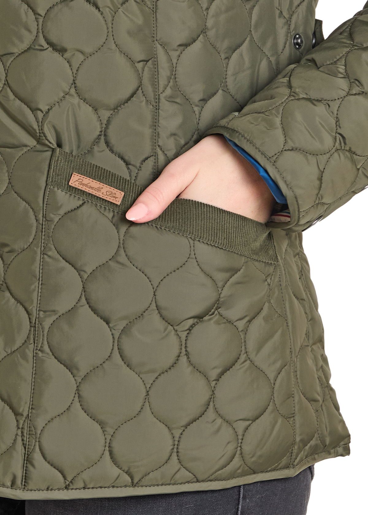 Detail of the pocket on the Quilted Riding Jacket