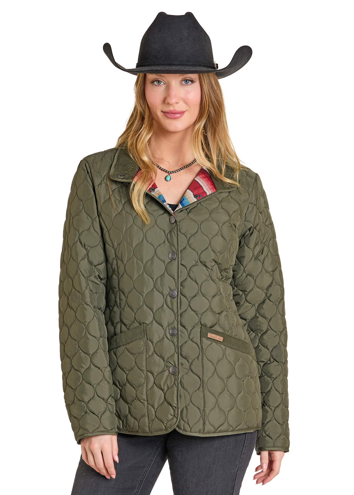 Woman wearing the Quilted Riding Jacket