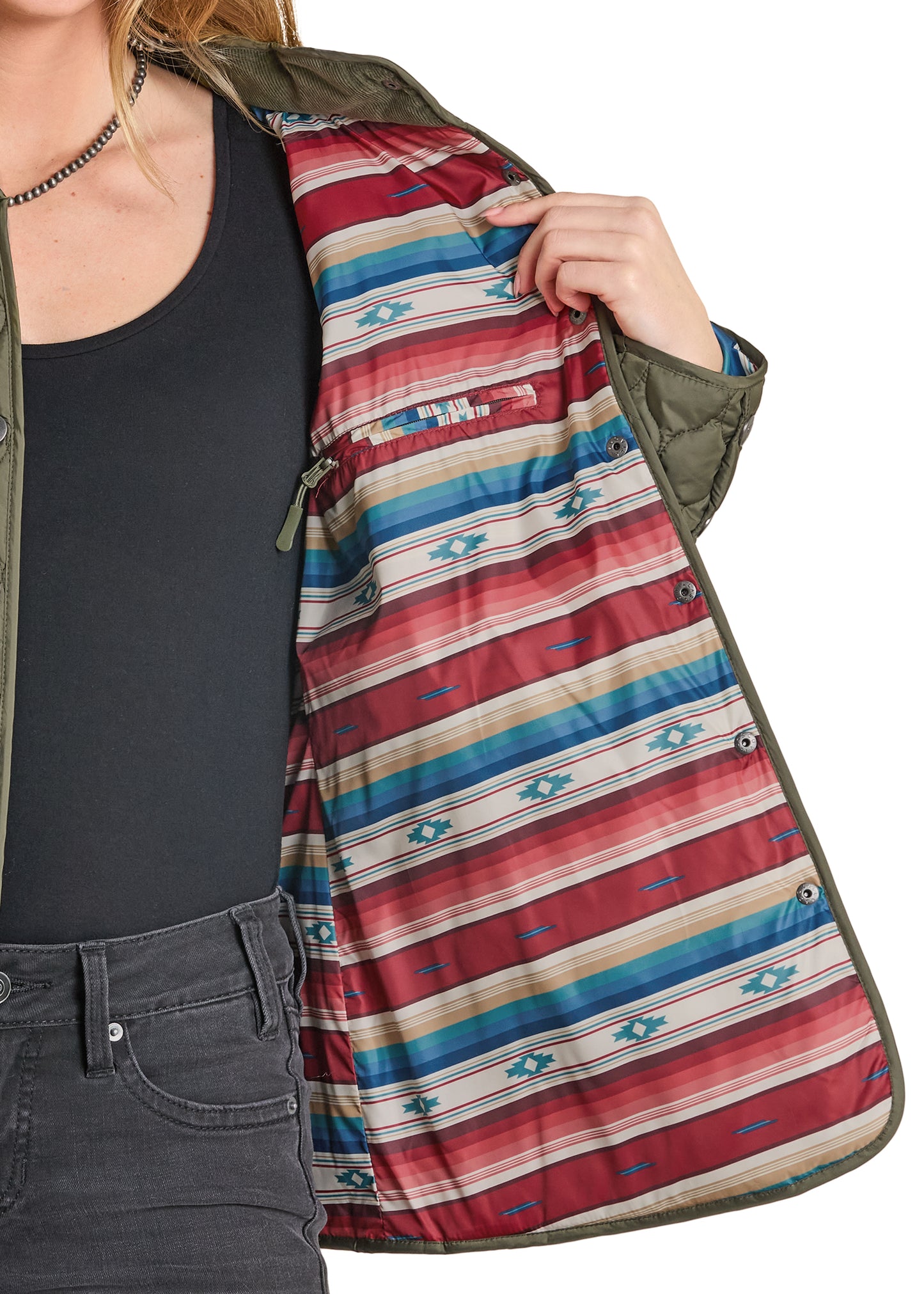 Person wearing a jacket with a colorful striped lining