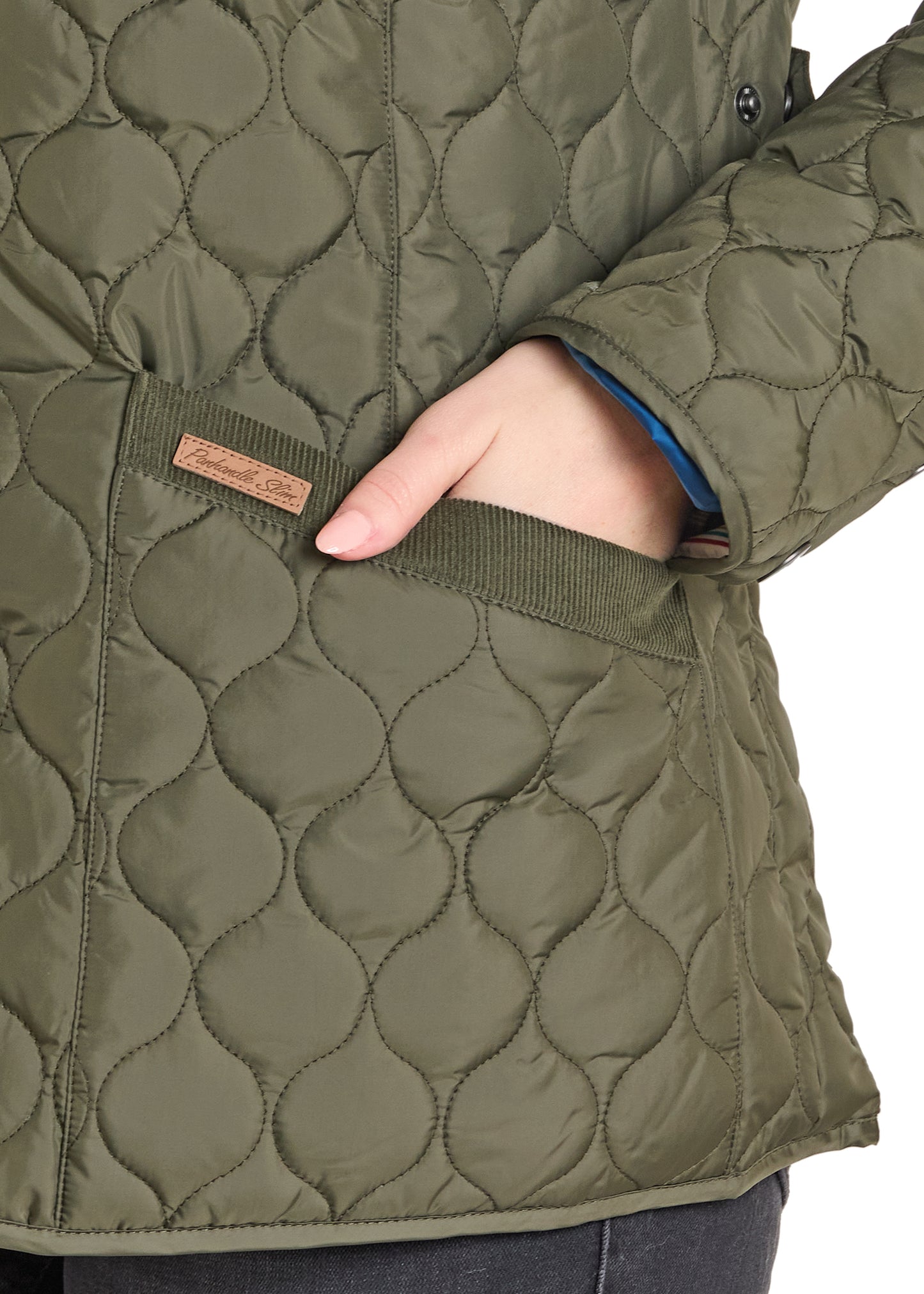 Close-up of a quilted green jacket with a brand logo on a white background