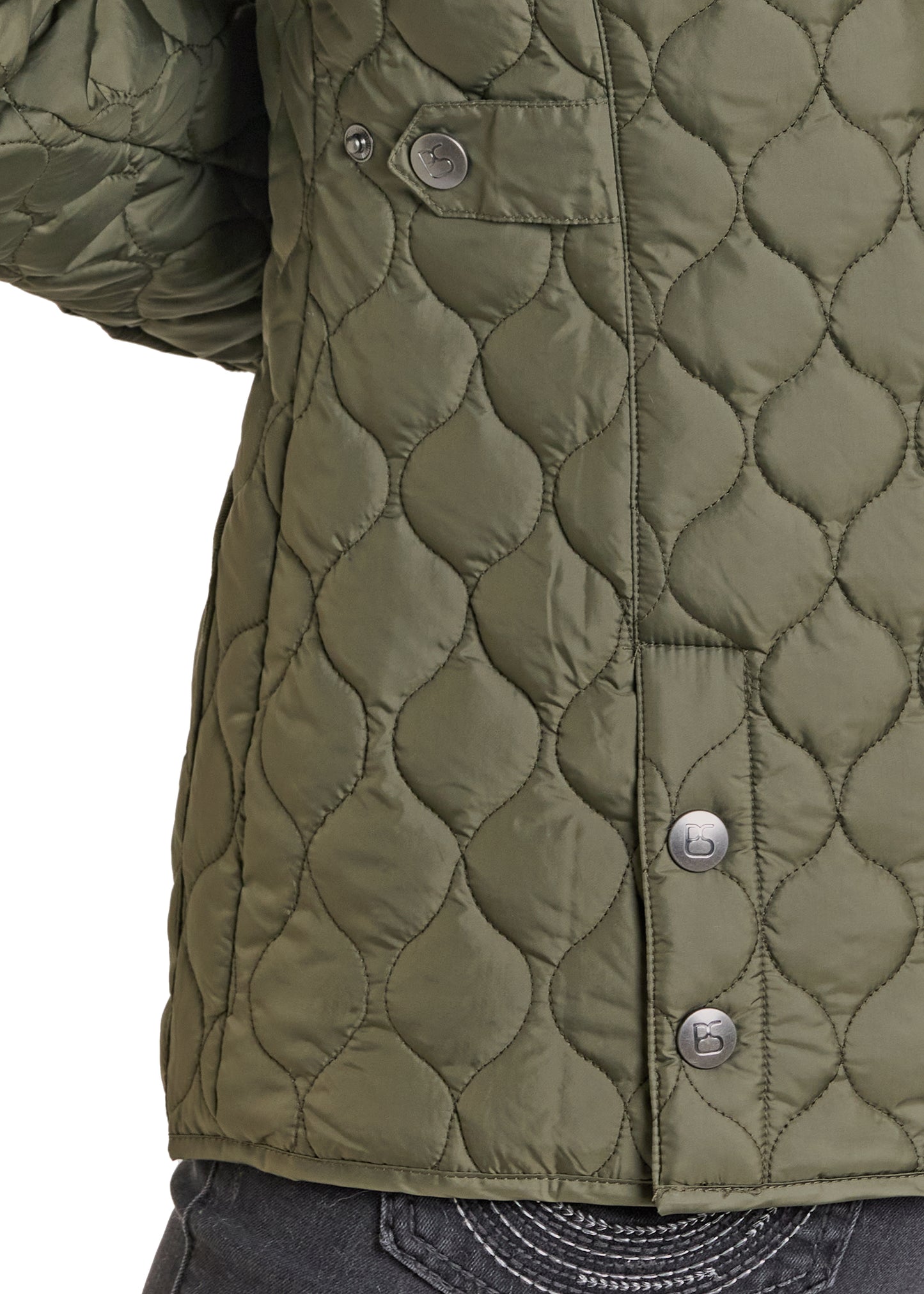 Quilted green jacket with diamond pattern and silver buttons on a white background