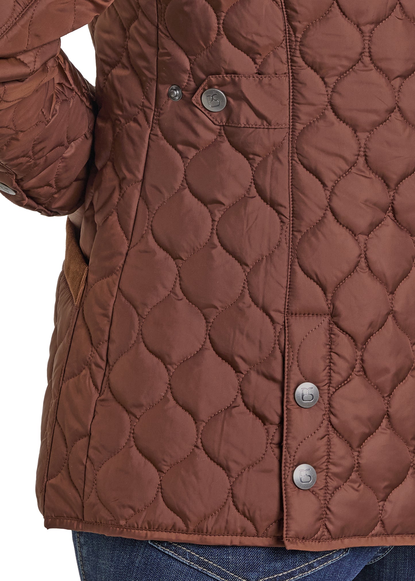 Brown quilted jacket with button details on a white background