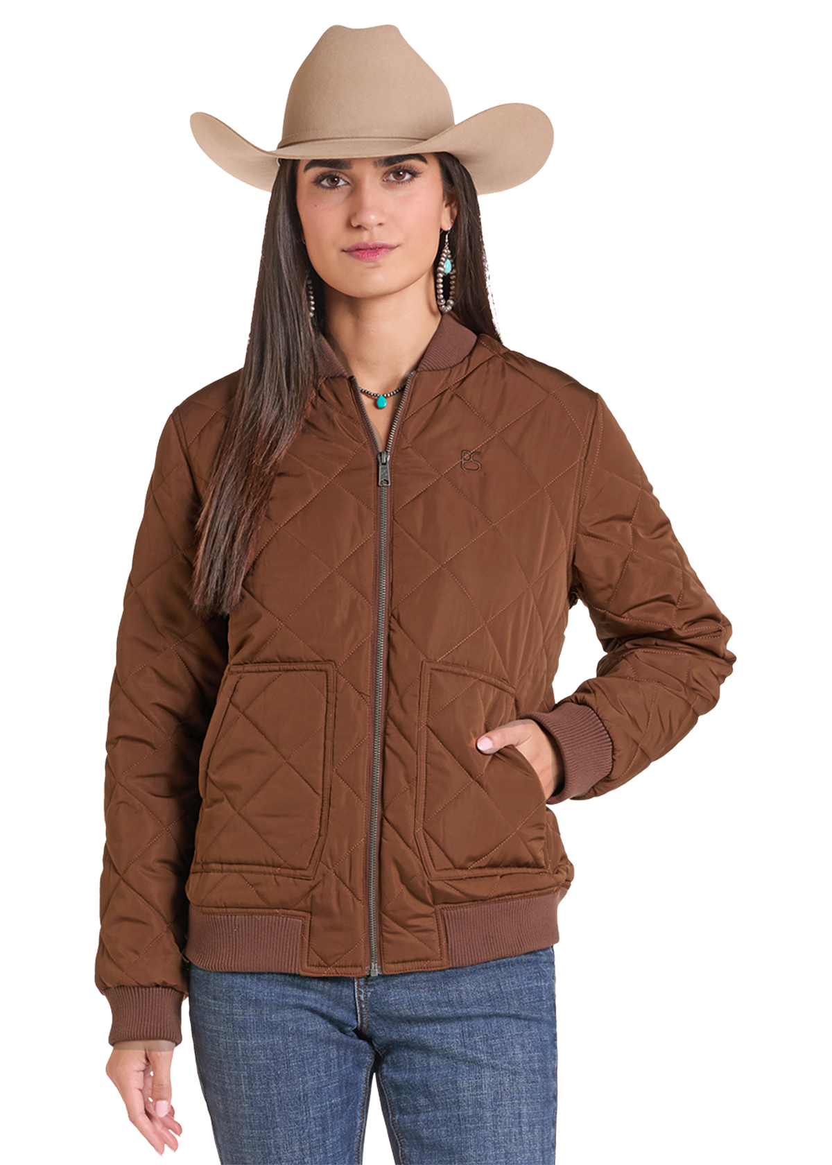 A woman shown from the back wearing a brown diamond-quilted bomber jacket, a beige cowboy hat, and blue jeans.