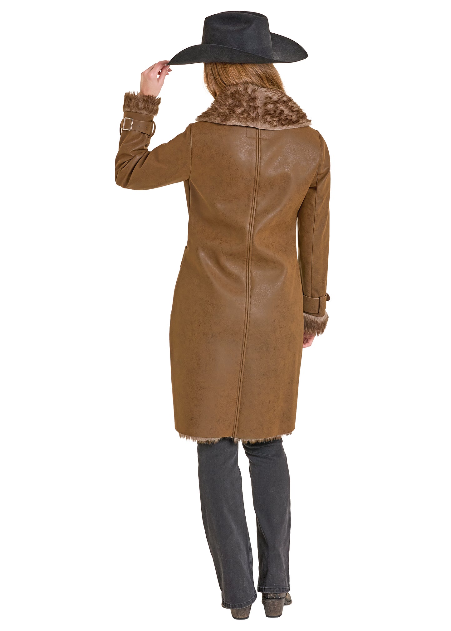 Person wearing a brown leather coat and black hat on a white background