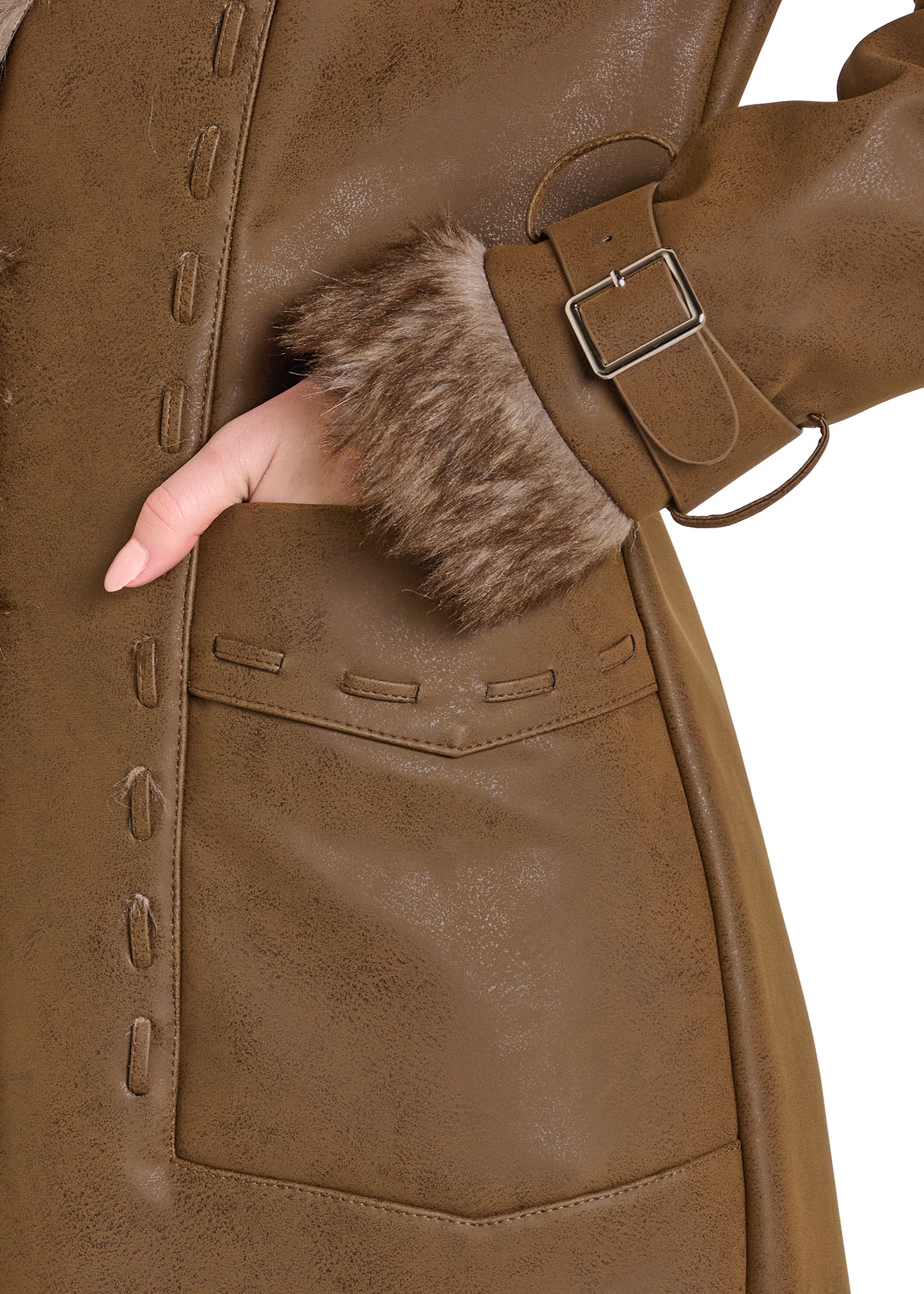 Brown leather coat with fur-trimmed cuffs on a white background