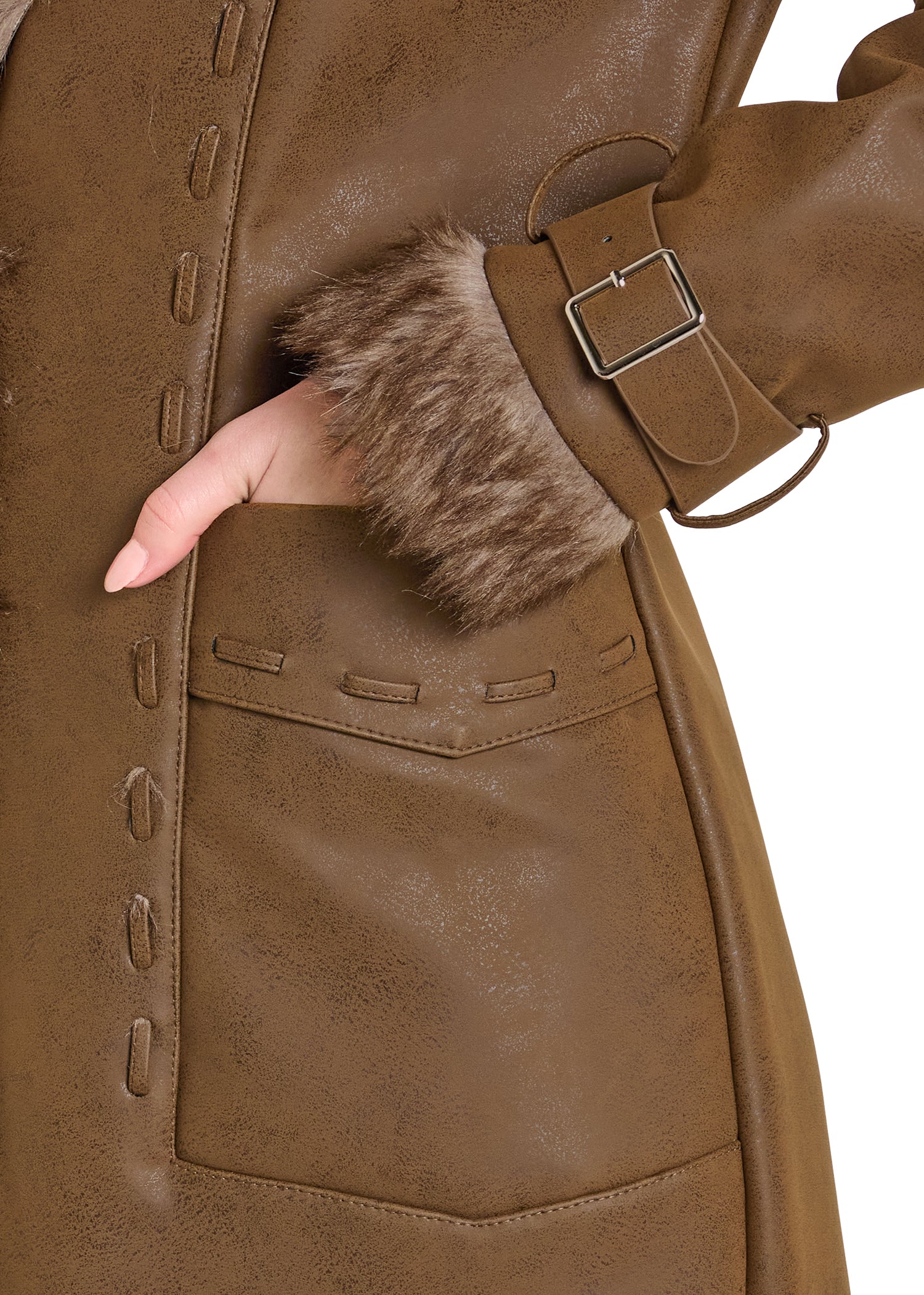 Brown leather coat with fur-trimmed cuffs on a white background