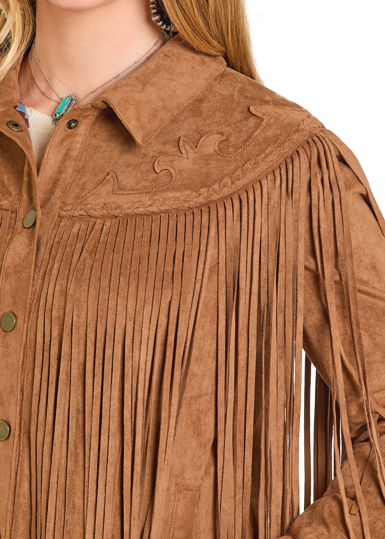 Women's Camel Micro Suede Fringe Jacket With Boot Stitch