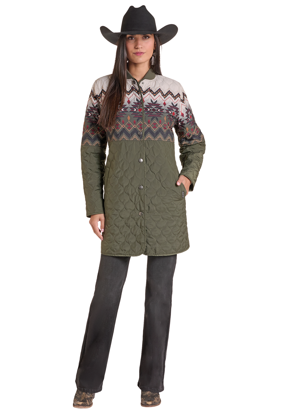 Women wearing a quilted Aztec jacket that hits at the mid thigh. 