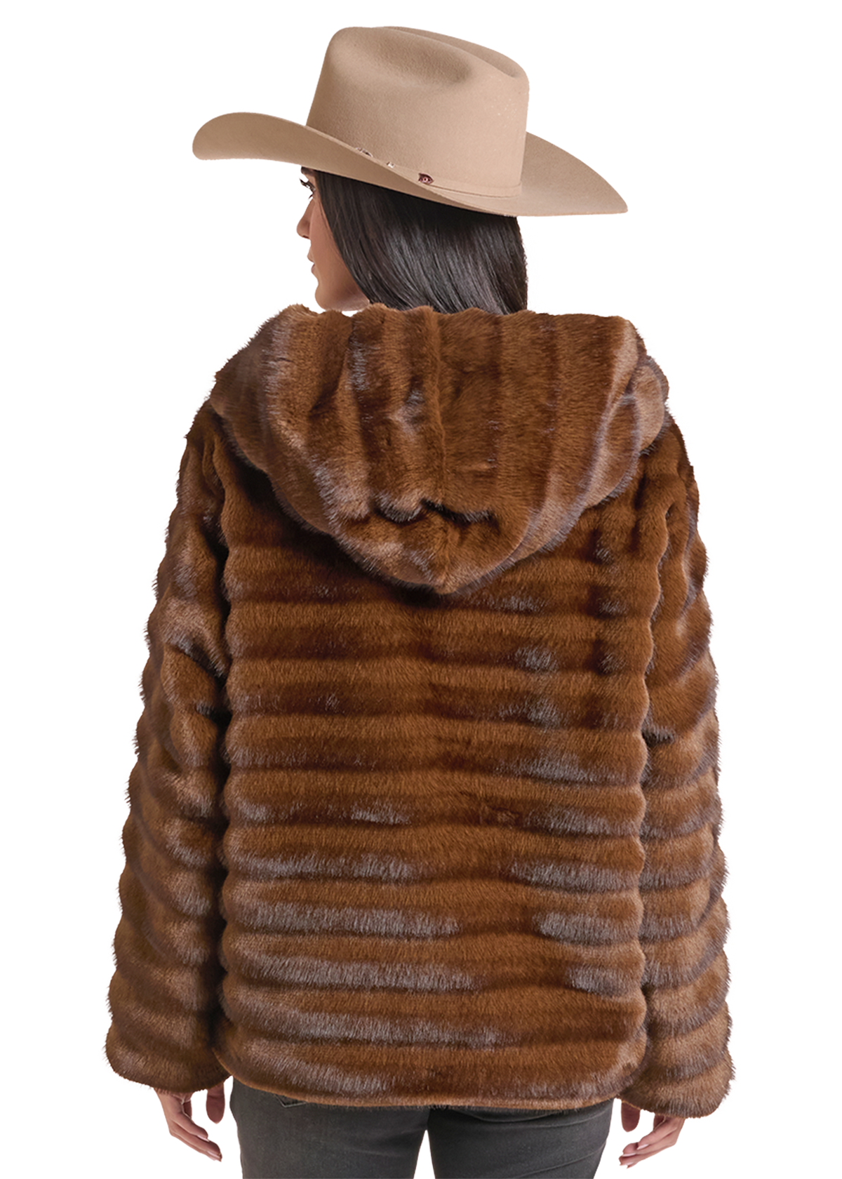 The back of a Woman wearing a brown hooded fur coat and cowboy hat. 