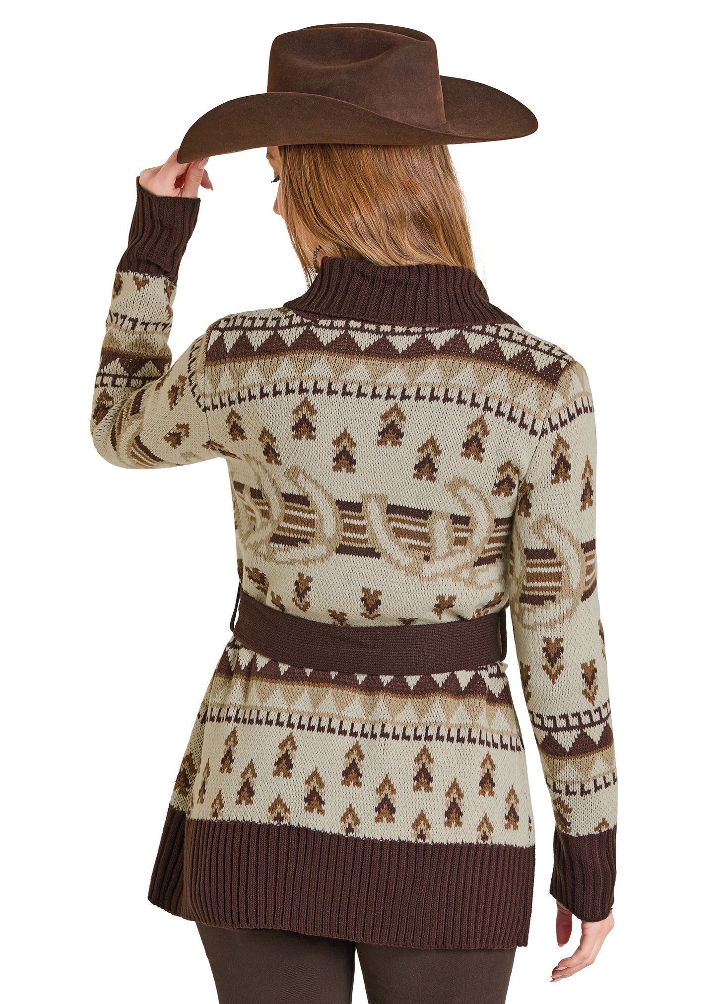 Person wearing a patterned sweater and cowboy hat on a white background